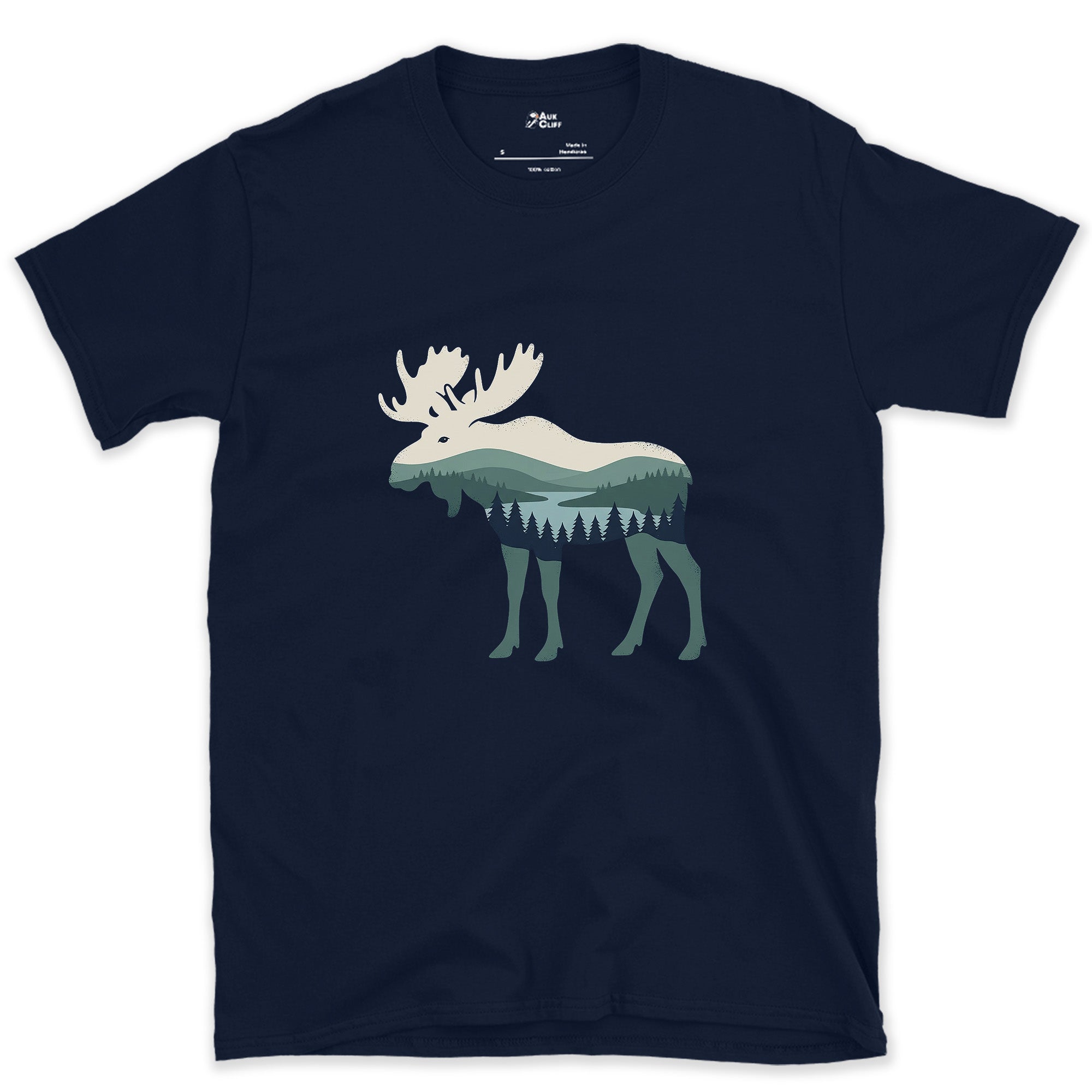 Moose Wearing the Whole Mountain design on a Navy Gildan Softstyle t-shirt