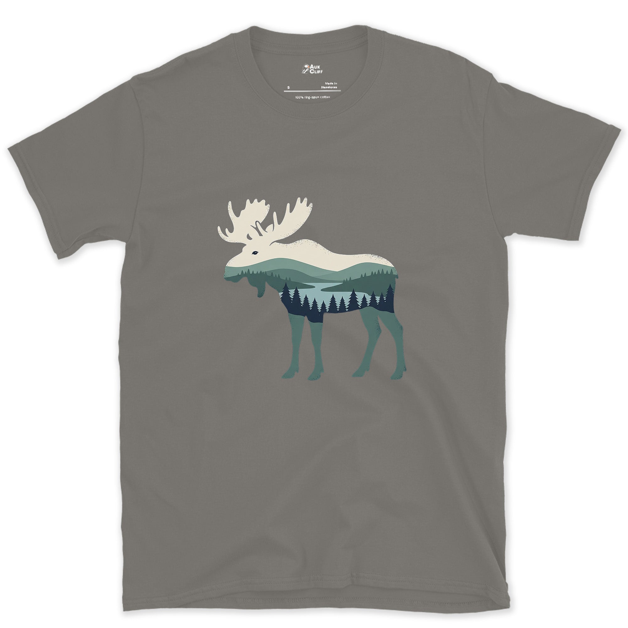 Moose Wearing the Whole Mountain design on a Charcoal Gildan Softstyle t-shirt