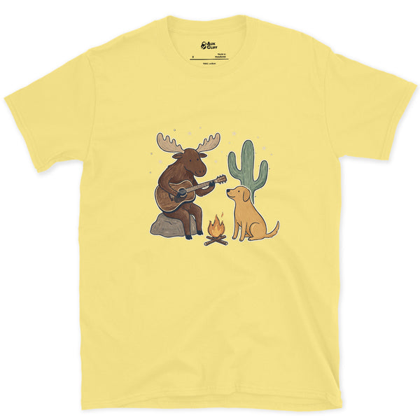 Guitar by the Fire, Cactus Instead of Pines design on a Cornsilk Gildan Softstyle t-shirt