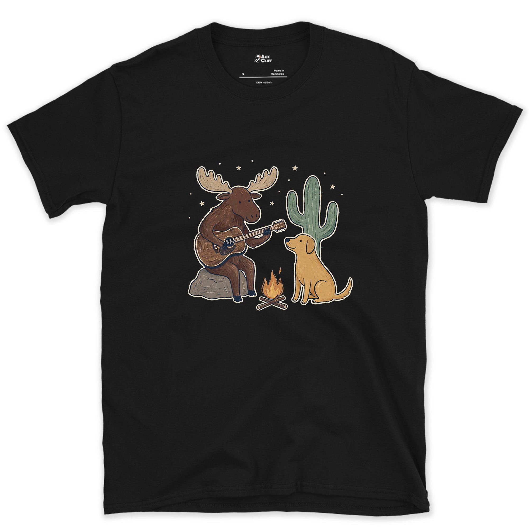 Guitar by the Fire, Cactus Instead of Pines design on a Black Gildan Softstyle t-shirt