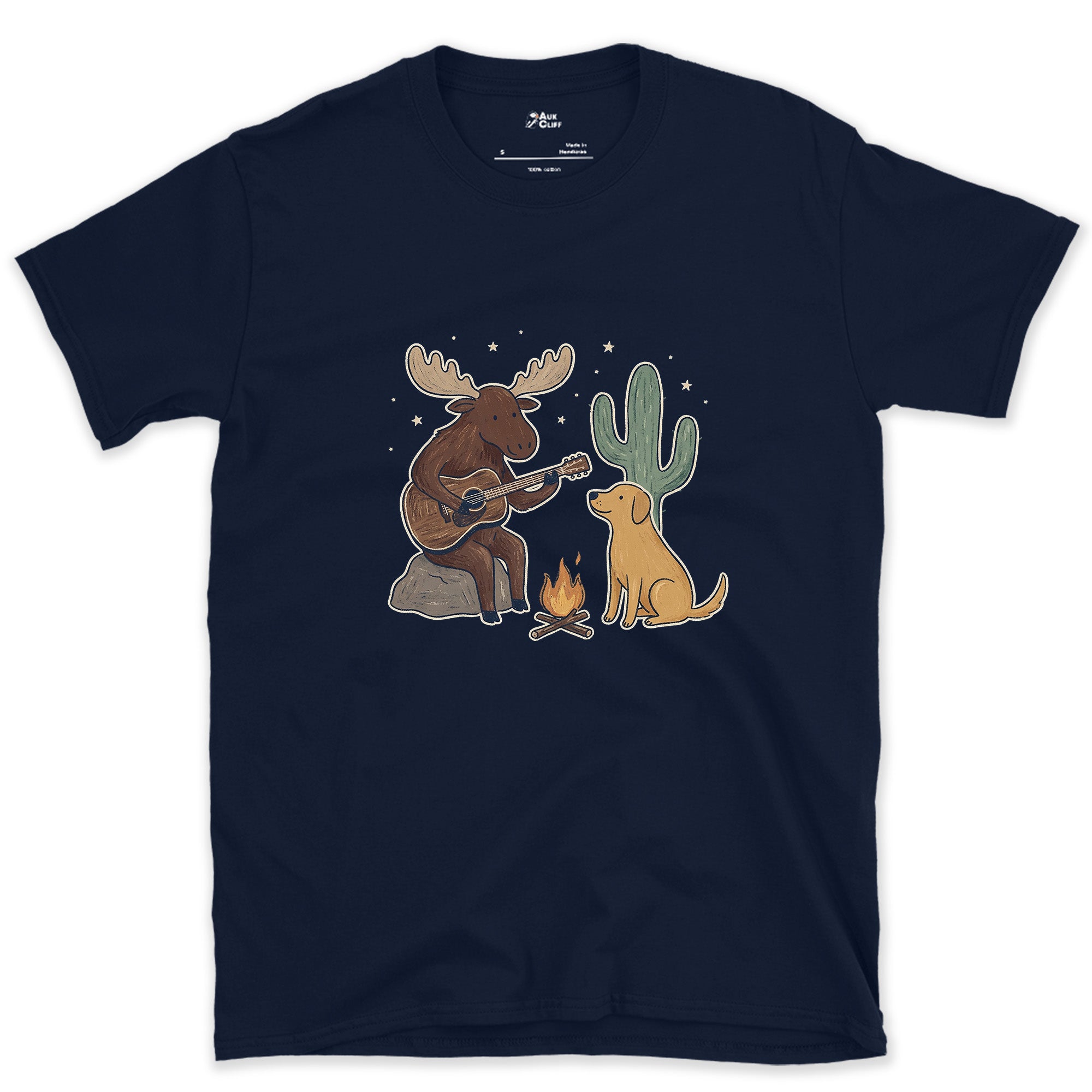 Guitar by the Fire, Cactus Instead of Pines design on a Navy Gildan Softstyle t-shirt