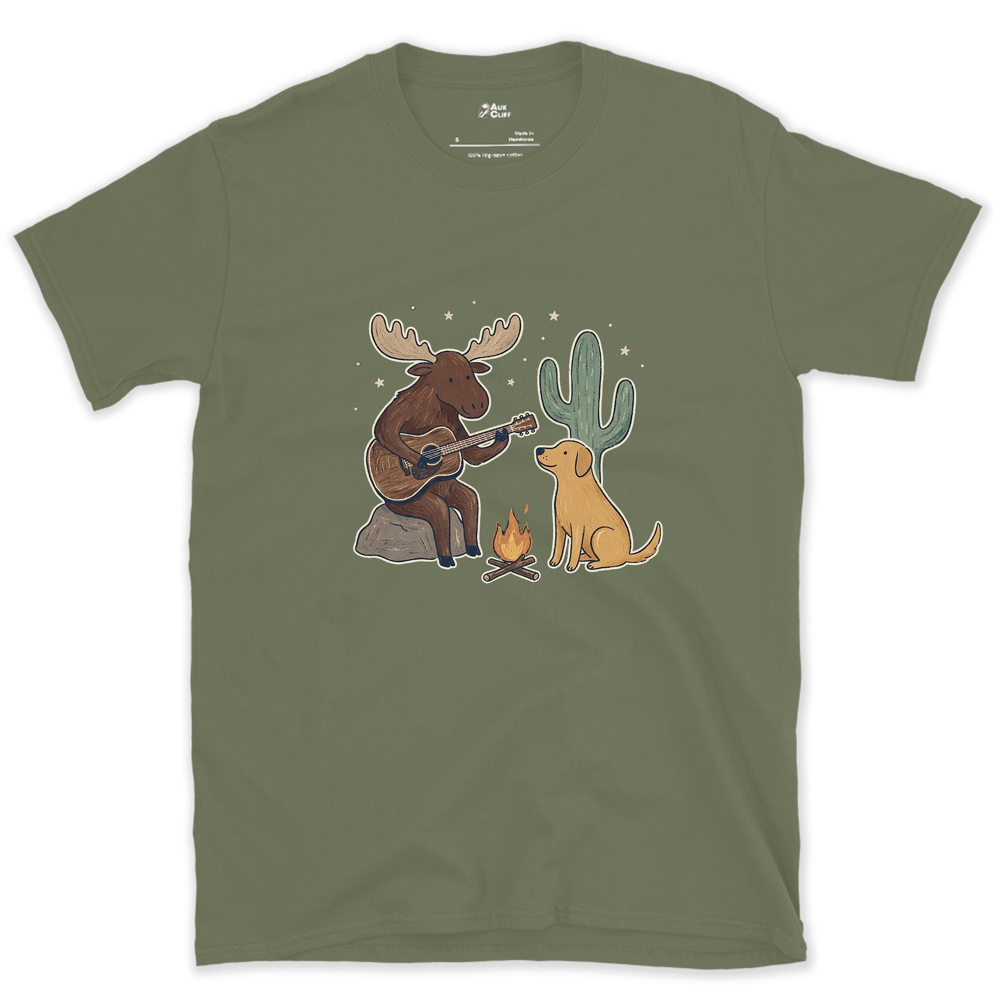 Guitar by the Fire, Cactus Instead of Pines design on a Military Green Gildan Softstyle t-shirt