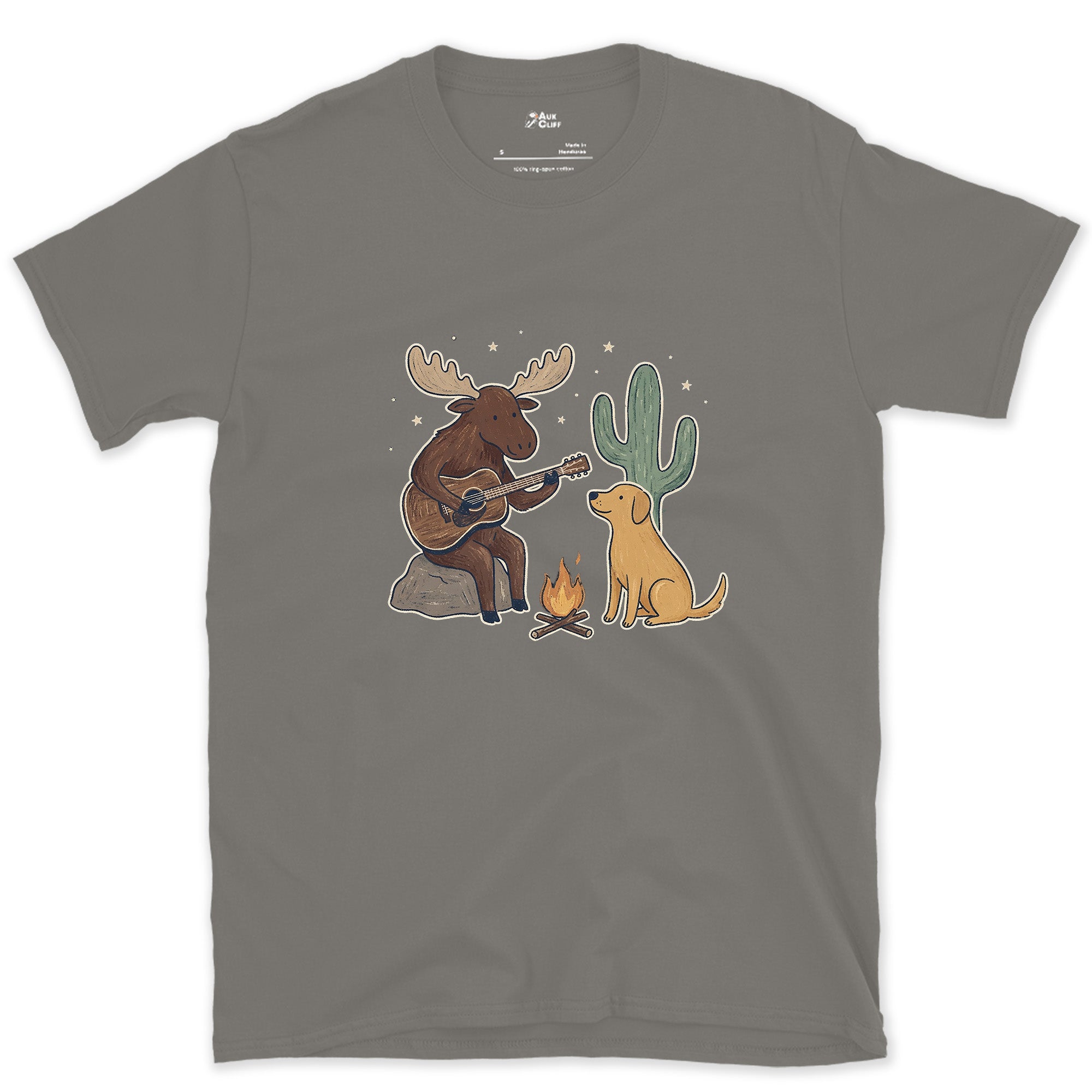 Guitar by the Fire, Cactus Instead of Pines design on a Charcoal Gildan Softstyle t-shirt
