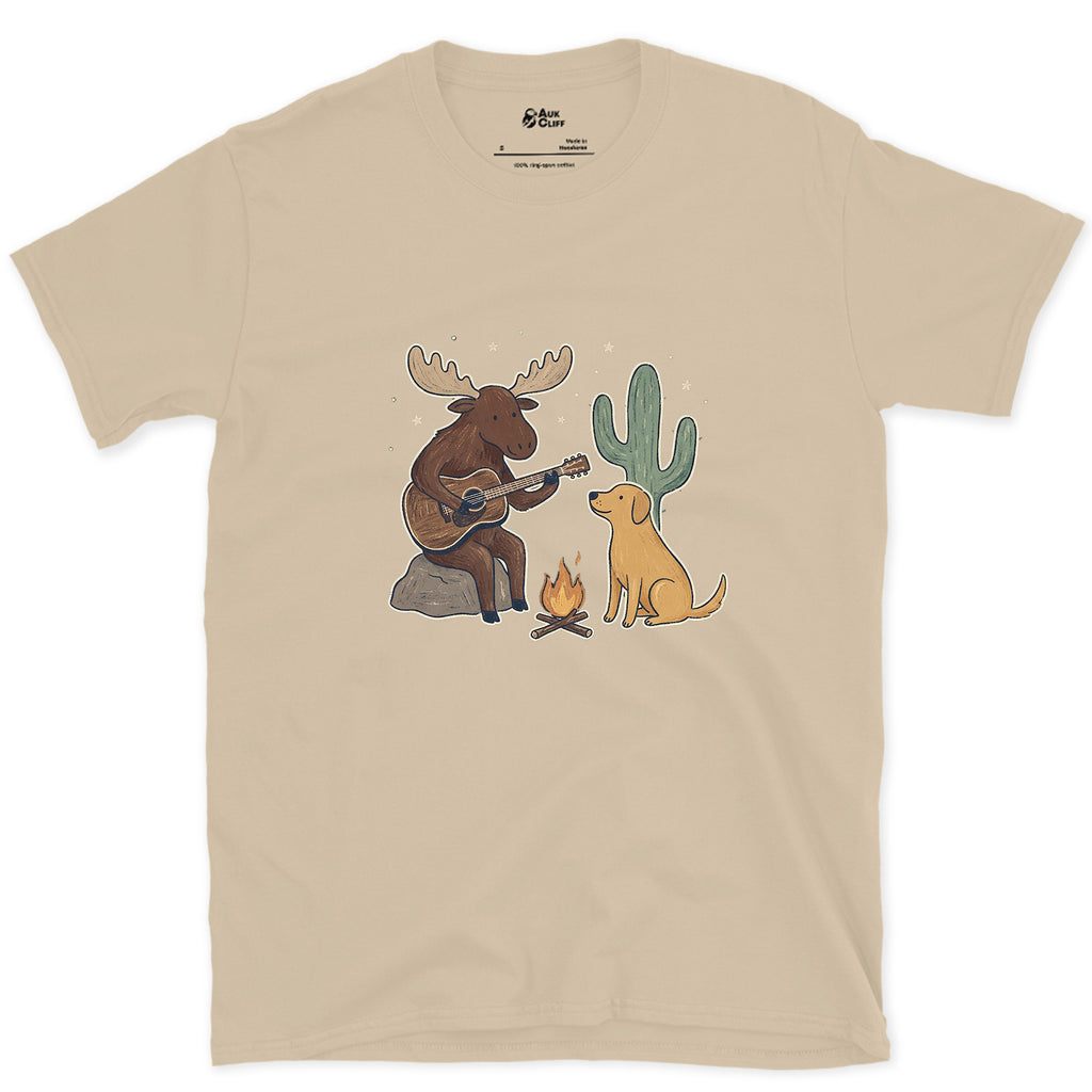 Guitar by the Fire, Cactus Instead of Pines design on a Sand Gildan Softstyle t-shirt