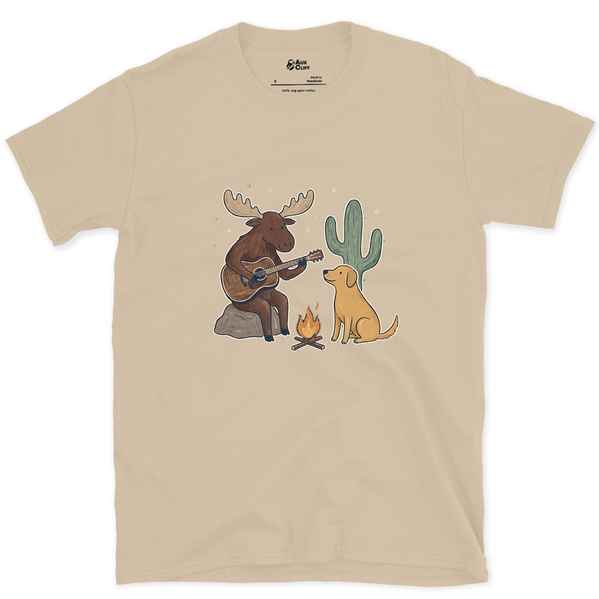 Guitar by the Fire, Cactus Instead of Pines design on a Sand Gildan Softstyle t-shirt