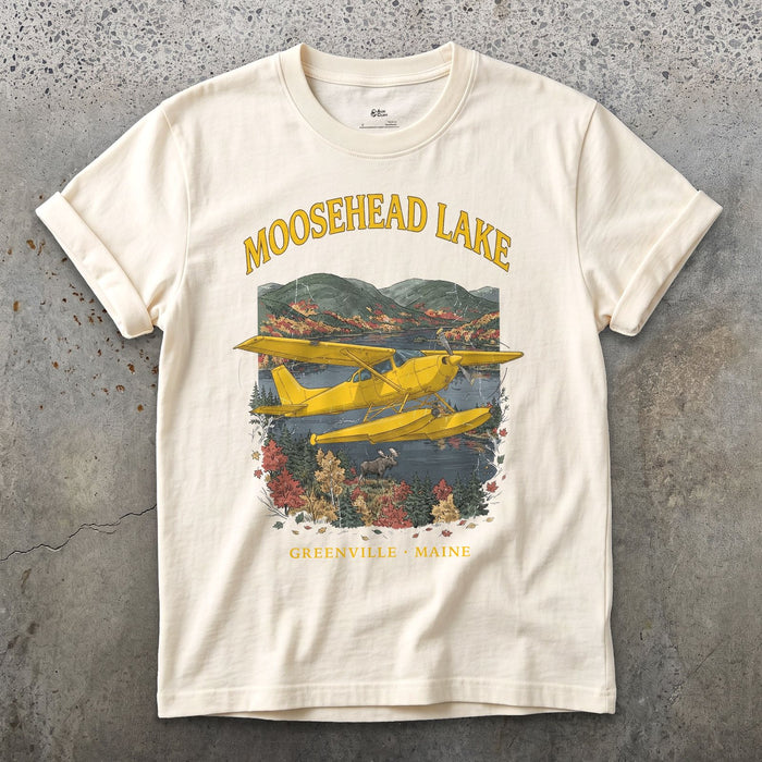 Moosehead Lake Cessna Float Plane design on a Natural Gildan Softstyle t-shirt