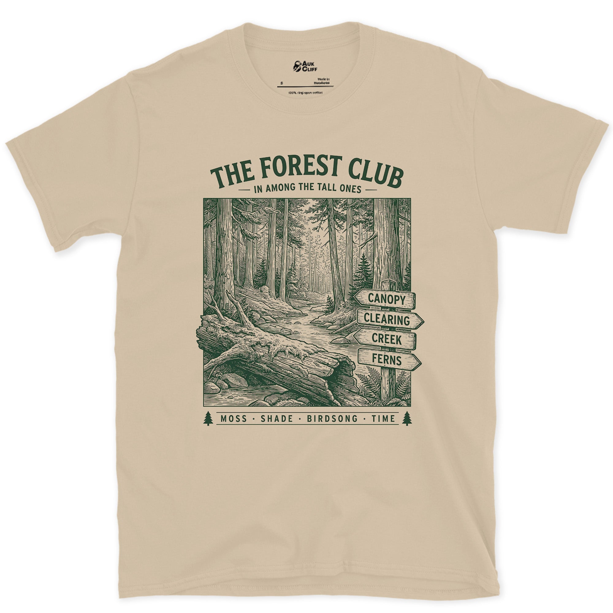 Moss, Shade, Birdsong, Time design on a Sand Gildan Softstyle t-shirt