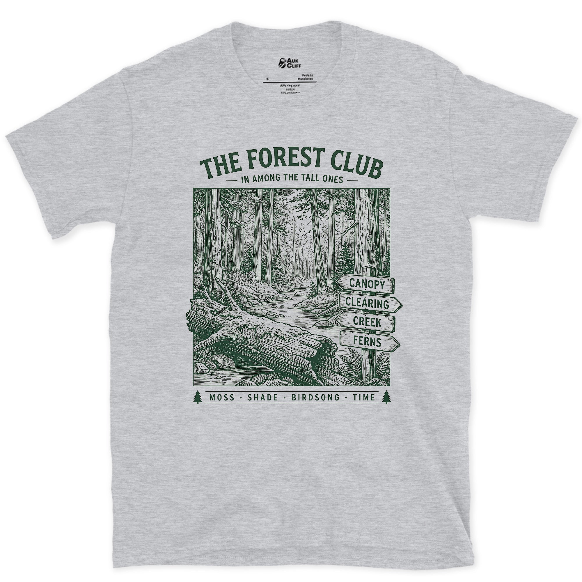 Moss, Shade, Birdsong, Time design on a Sport Grey Gildan Softstyle t-shirt