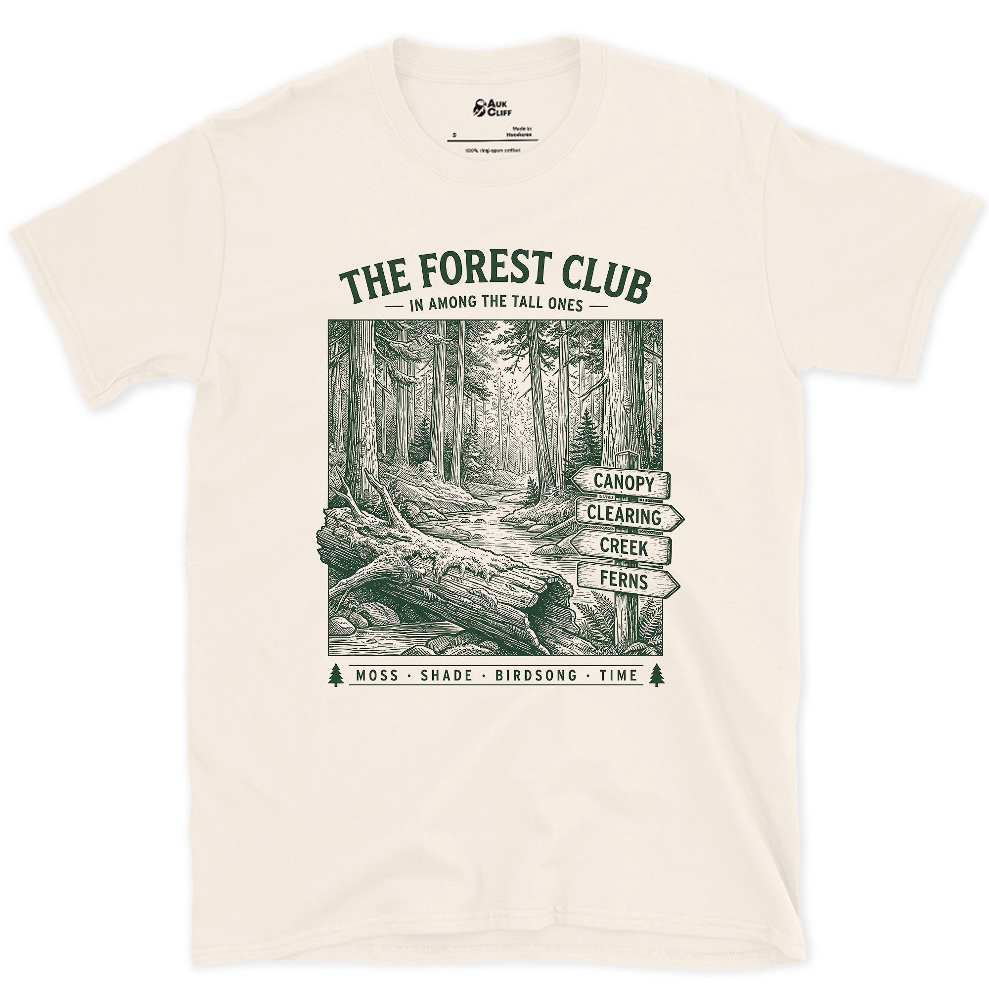 Moss, Shade, Birdsong, Time design on a Natural Gildan Softstyle t-shirt