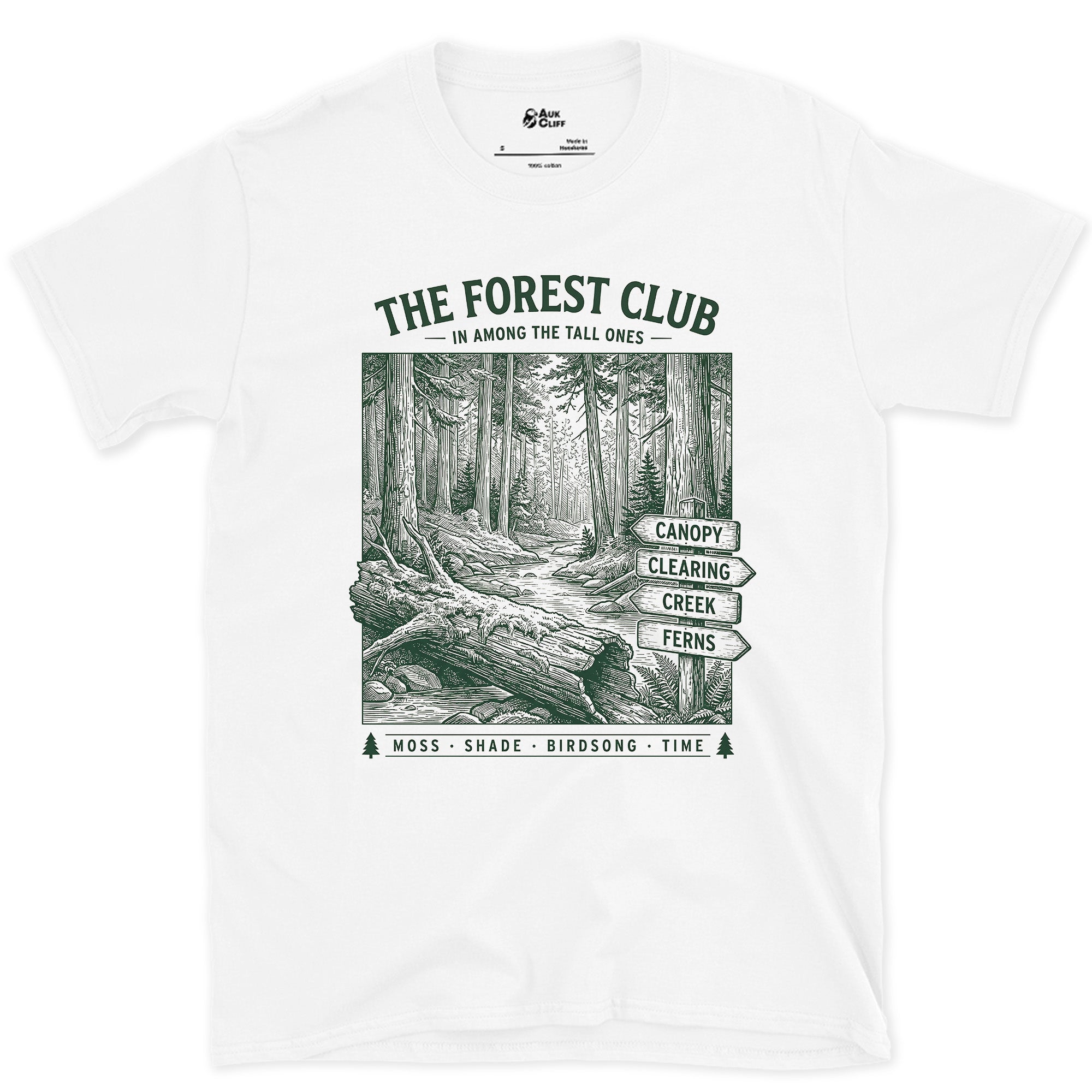 Moss, Shade, Birdsong, Time design on a White Gildan Softstyle t-shirt