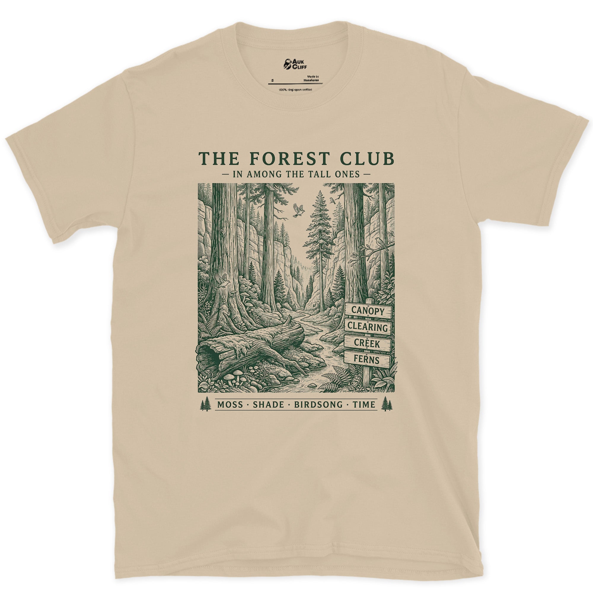 Moss, Shade, Birdsong, Time, Forest Club design on a Sand Gildan Softstyle t-shirt