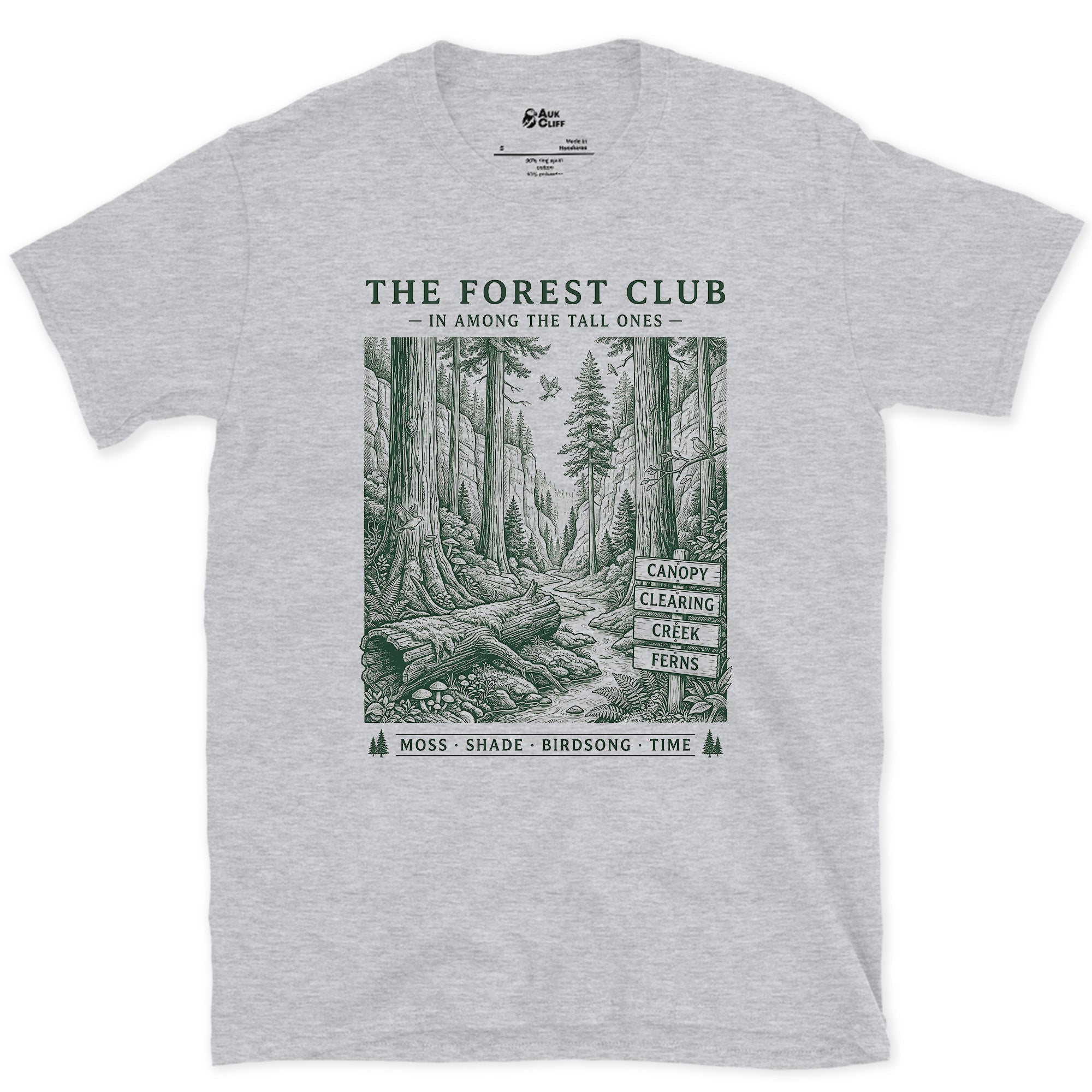 Moss, Shade, Birdsong, Time, Forest Club design on a Sport Grey Gildan Softstyle t-shirt