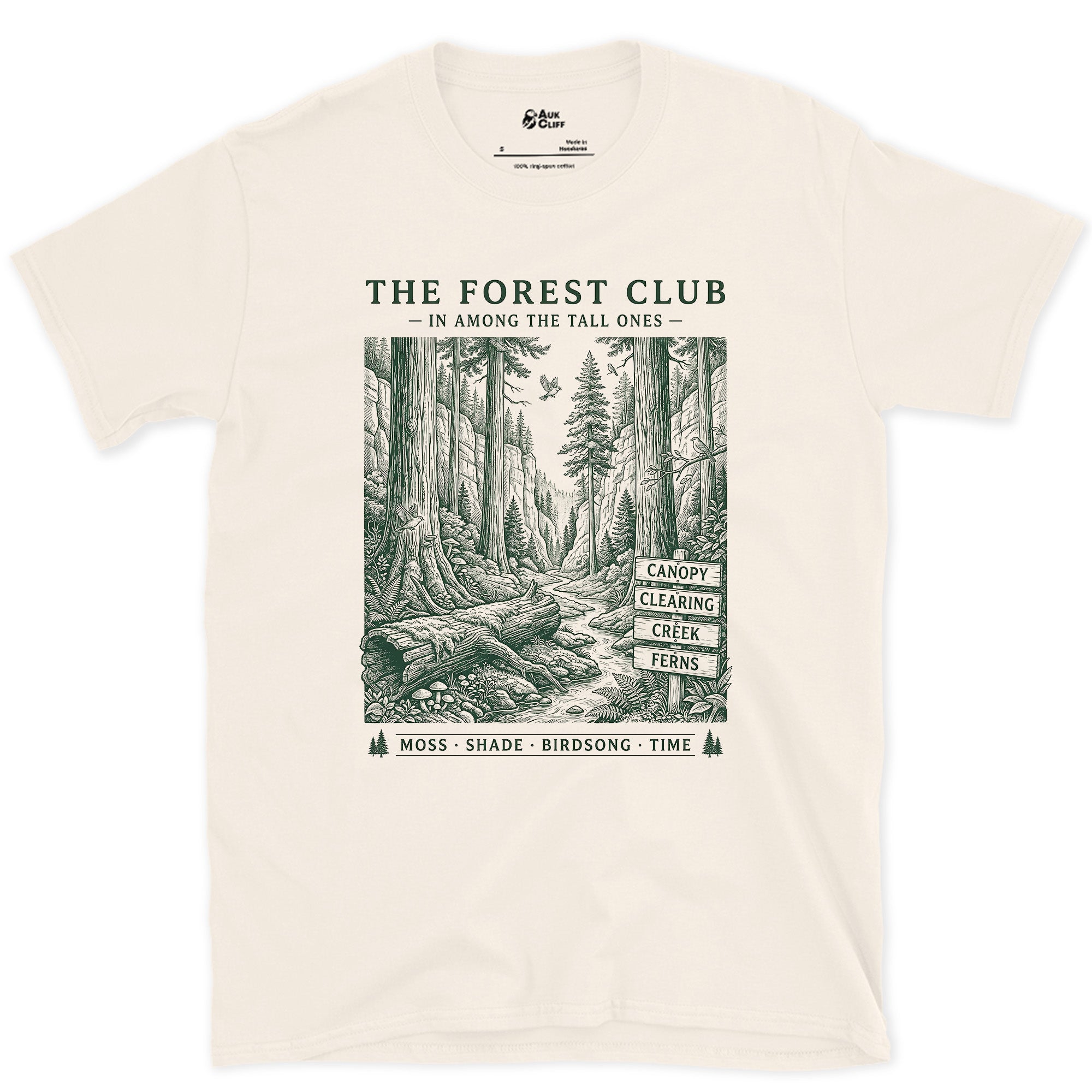 Moss, Shade, Birdsong, Time, Forest Club design on a Natural Gildan Softstyle t-shirt