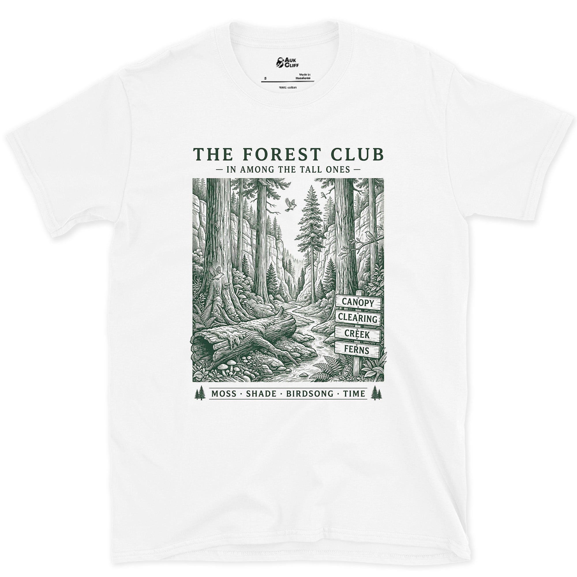 Moss, Shade, Birdsong, Time, Forest Club design on a White Gildan Softstyle t-shirt