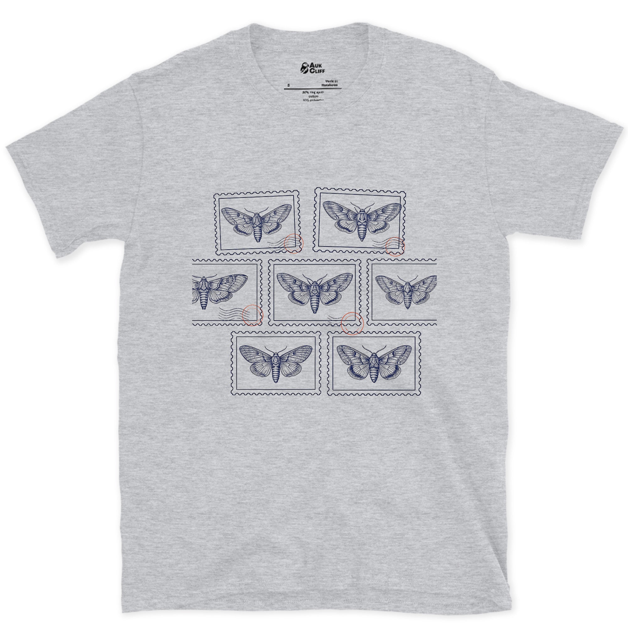 Seven Wild Moths, None of Them Named design on a Sport Grey Gildan Softstyle t-shirt