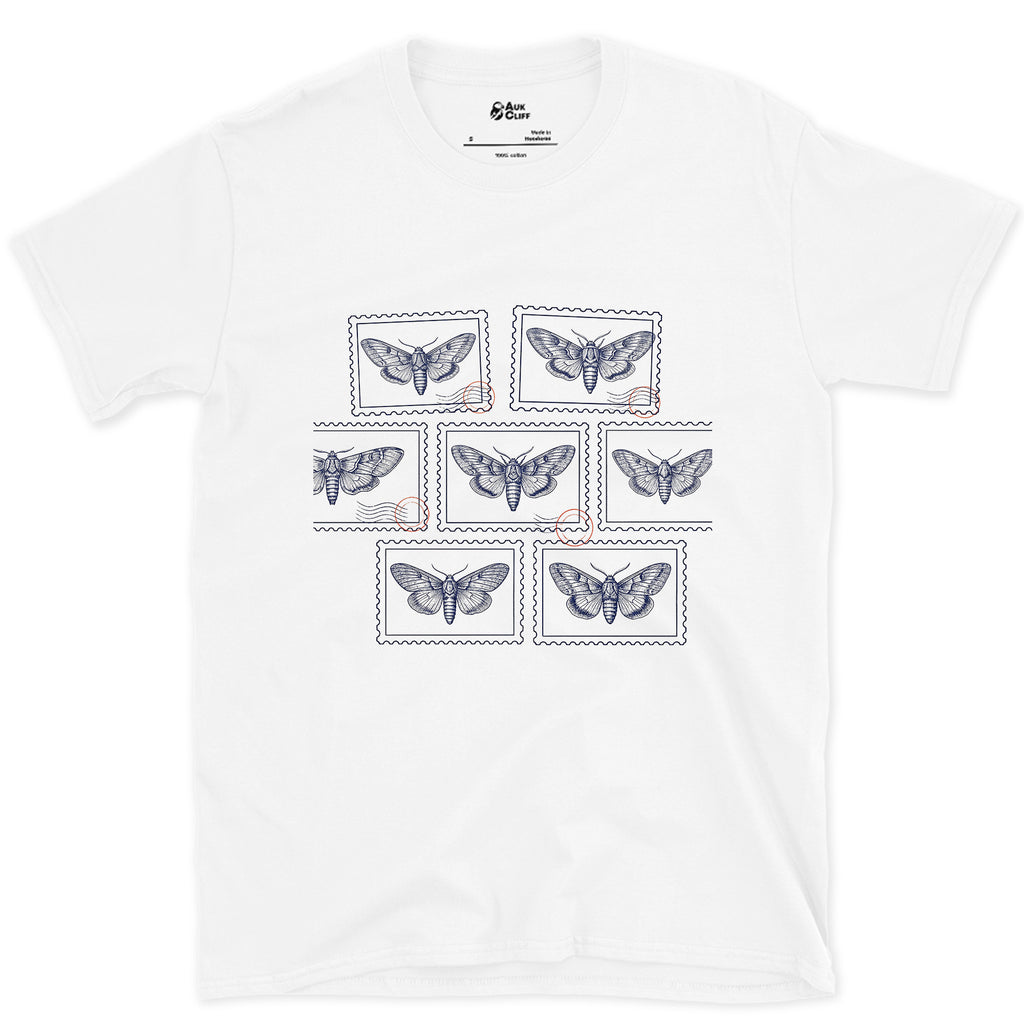 Seven Wild Moths, None of Them Named design on a White Gildan Softstyle t-shirt