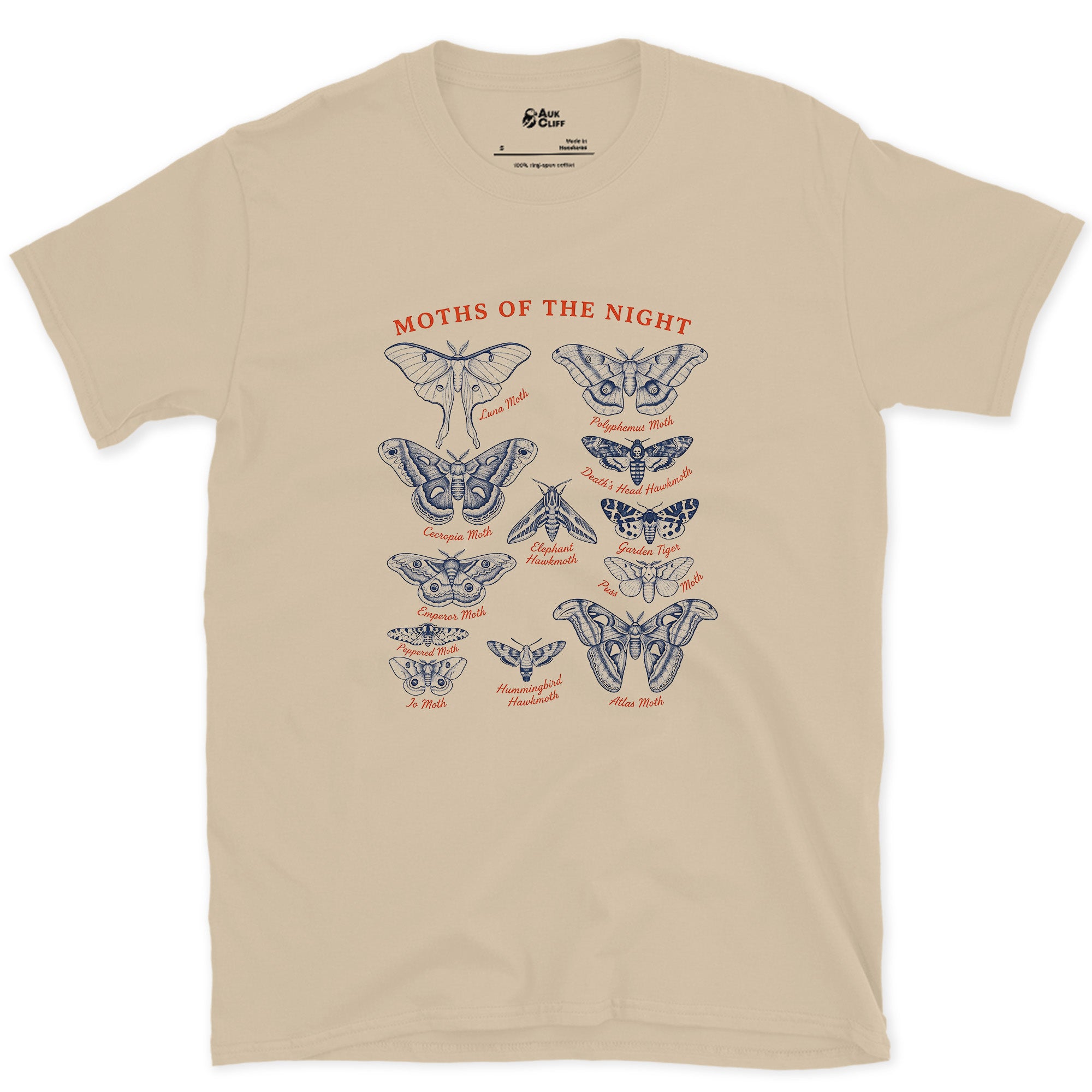 Moths of the Night, a Field Guide design on a Sand Gildan Softstyle t-shirt