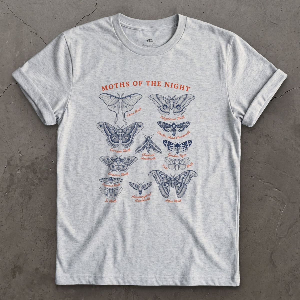 Moths of the Night, a Field Guide design on a Sport Grey Gildan Softstyle t-shirt