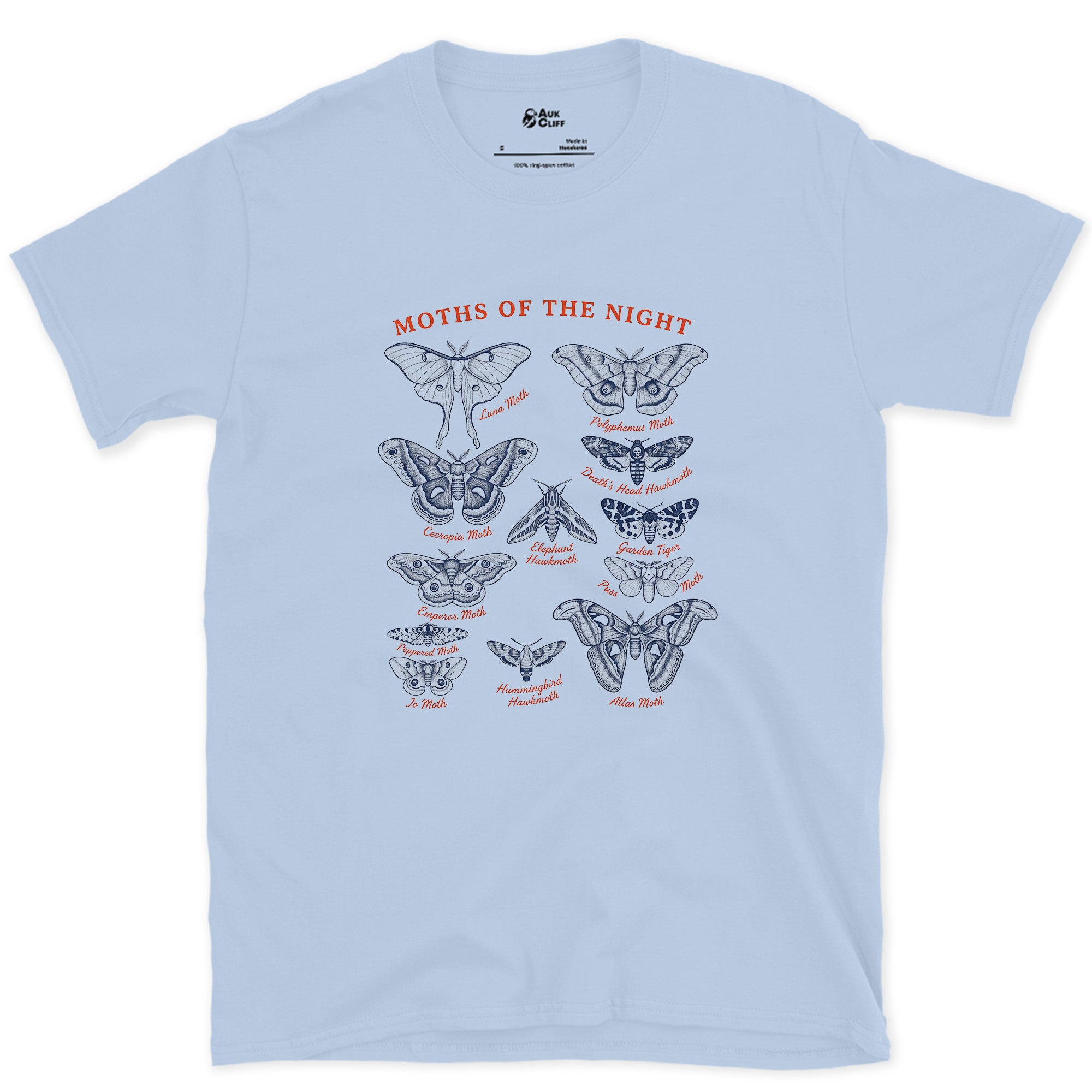 Moths of the Night, a Field Guide design on a Light Blue Gildan Softstyle t-shirt