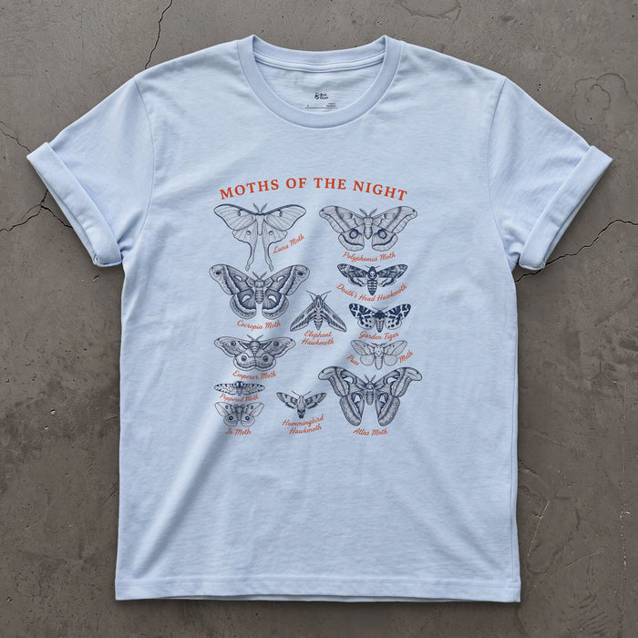 Moths of the Night, a Field Guide design on a Light Blue Gildan Softstyle t-shirt