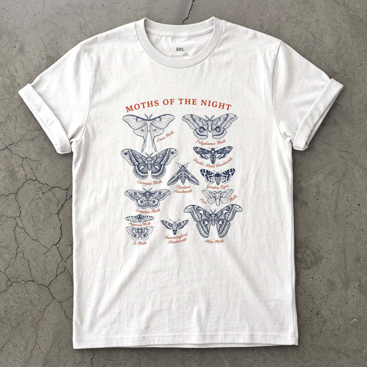 Moths of the Night, a Field Guide design on a White Gildan Softstyle t-shirt