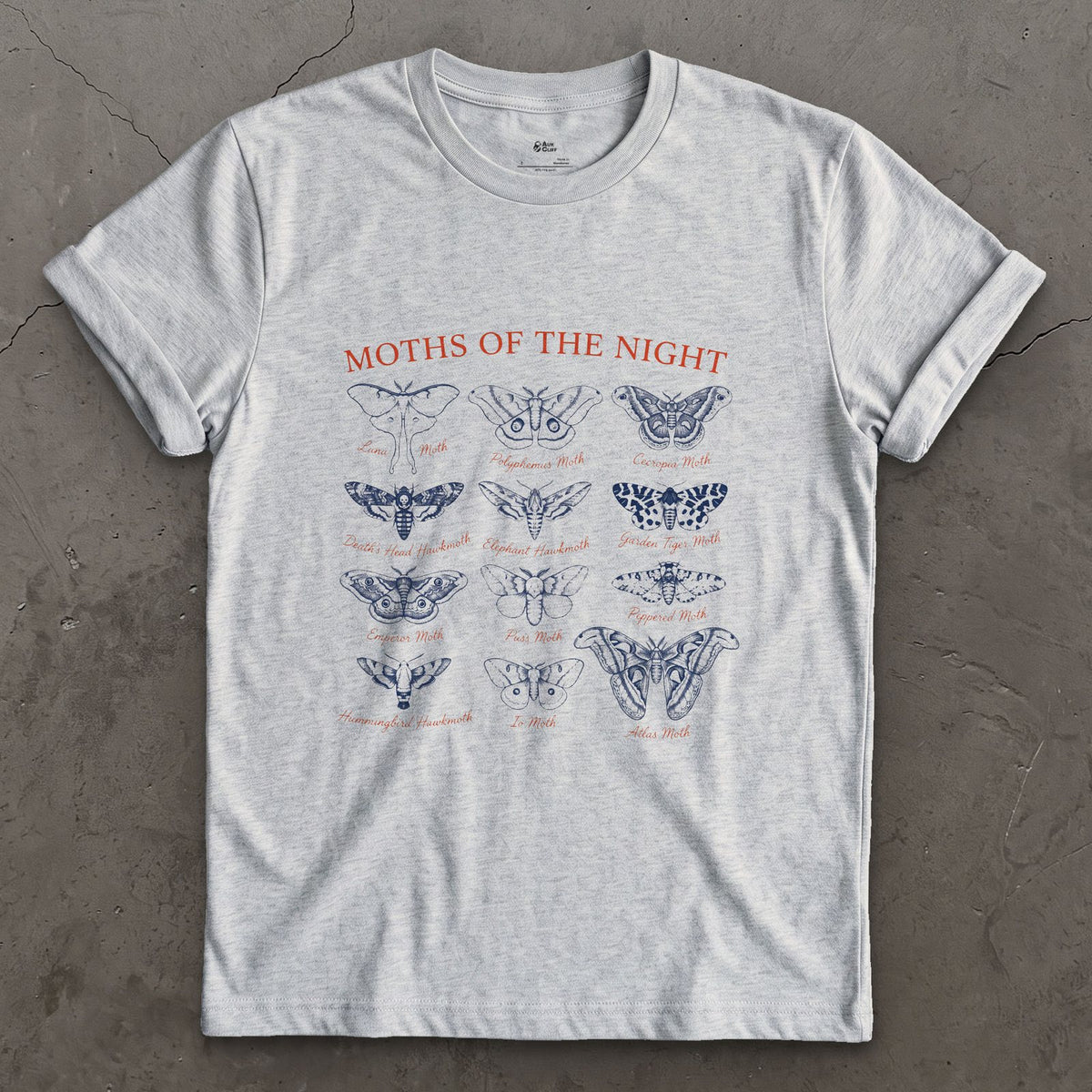 Twelve Moths of the Night, a Field Guide Plate design on a Sport Grey Gildan Softstyle t-shirt