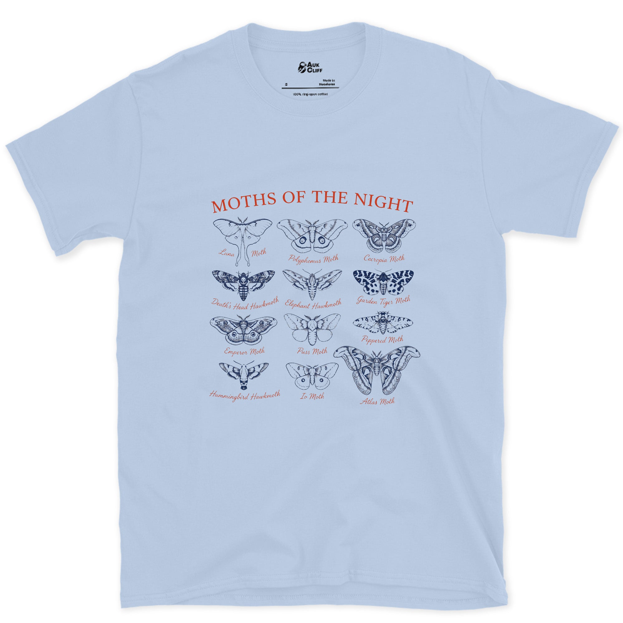 Twelve Moths of the Night, a Field Guide Plate design on a Light Blue Gildan Softstyle t-shirt