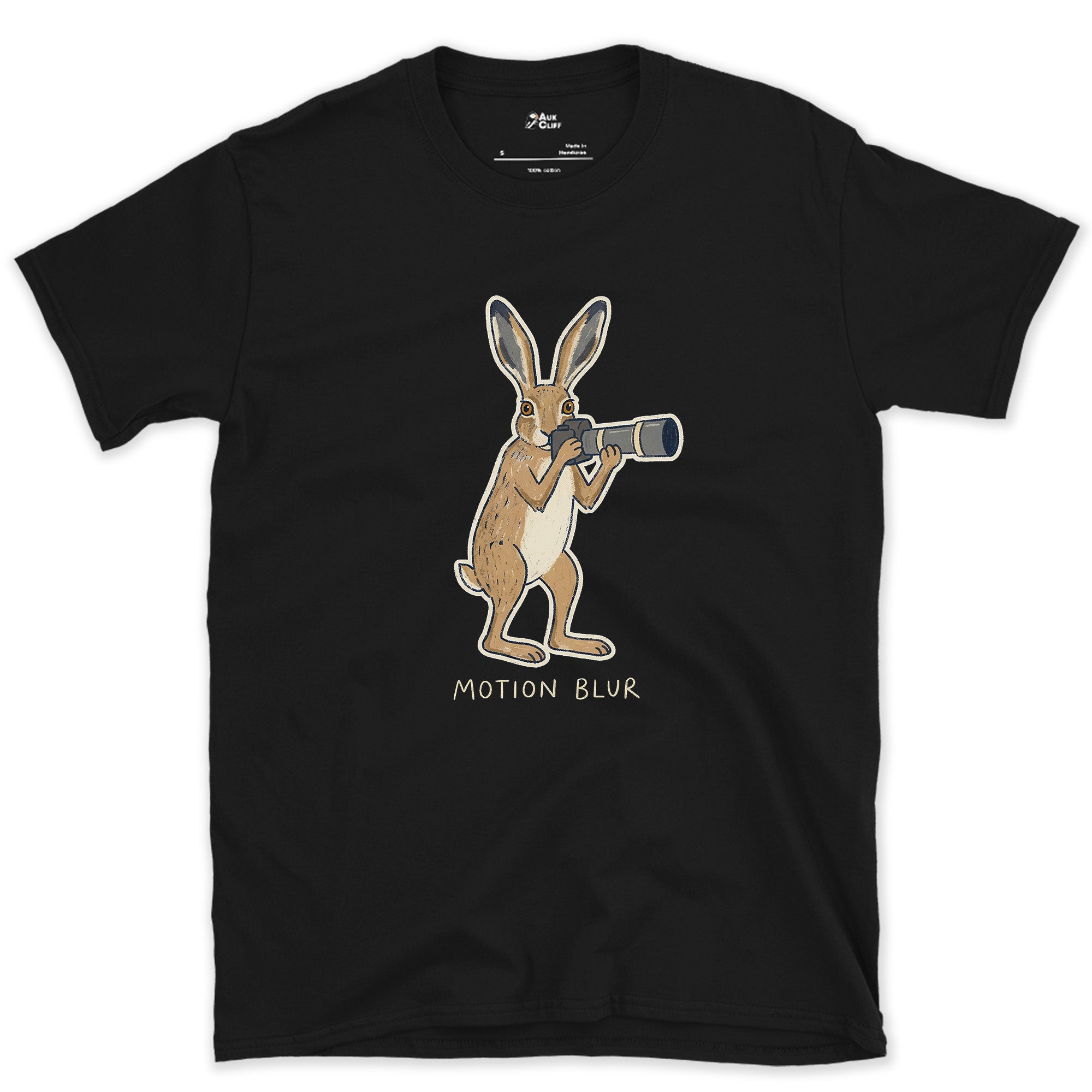 Motion Blur, Hare Faster Than the Shutter design on a Black Gildan Softstyle t-shirt