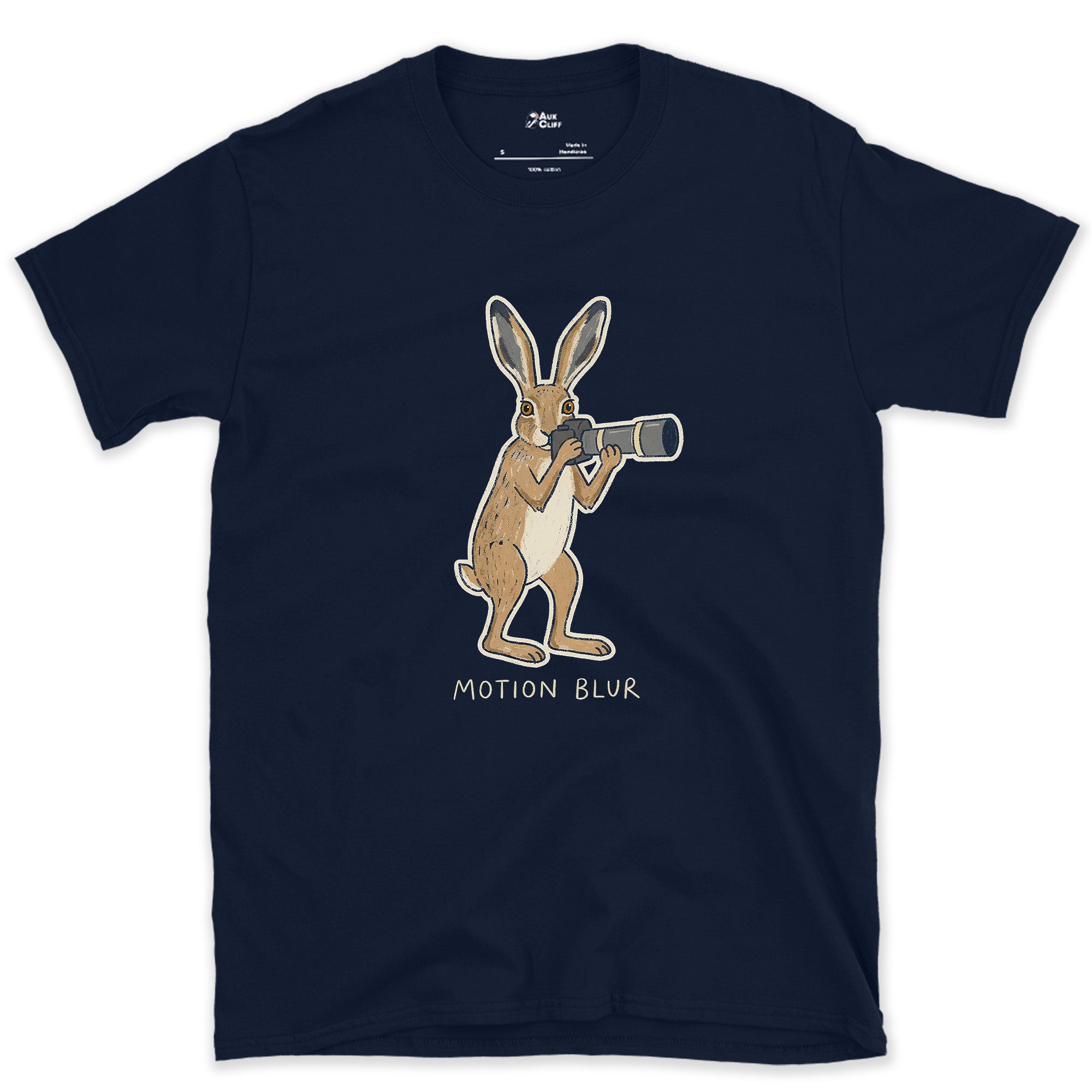 Motion Blur, Hare Faster Than the Shutter design on a Navy Gildan Softstyle t-shirt