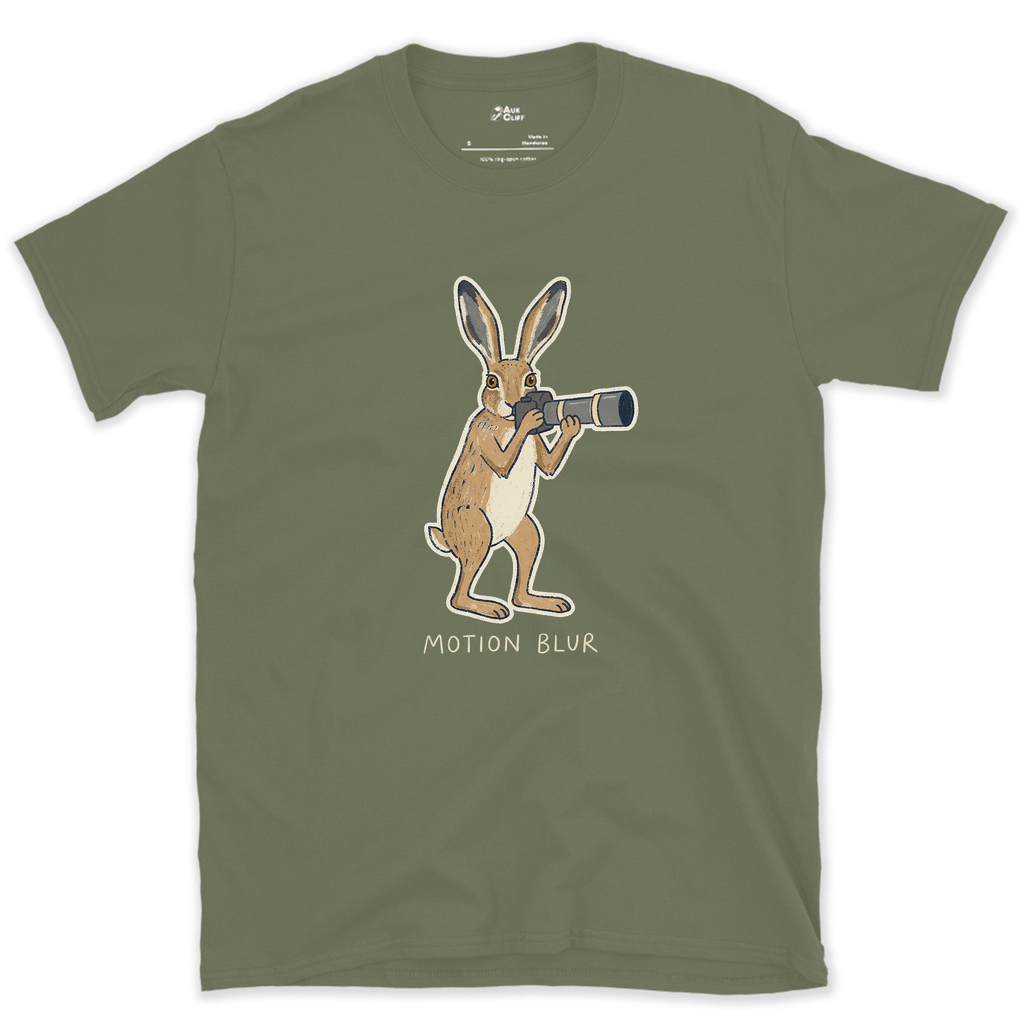 Motion Blur, Hare Faster Than the Shutter design on a Military Green Gildan Softstyle t-shirt