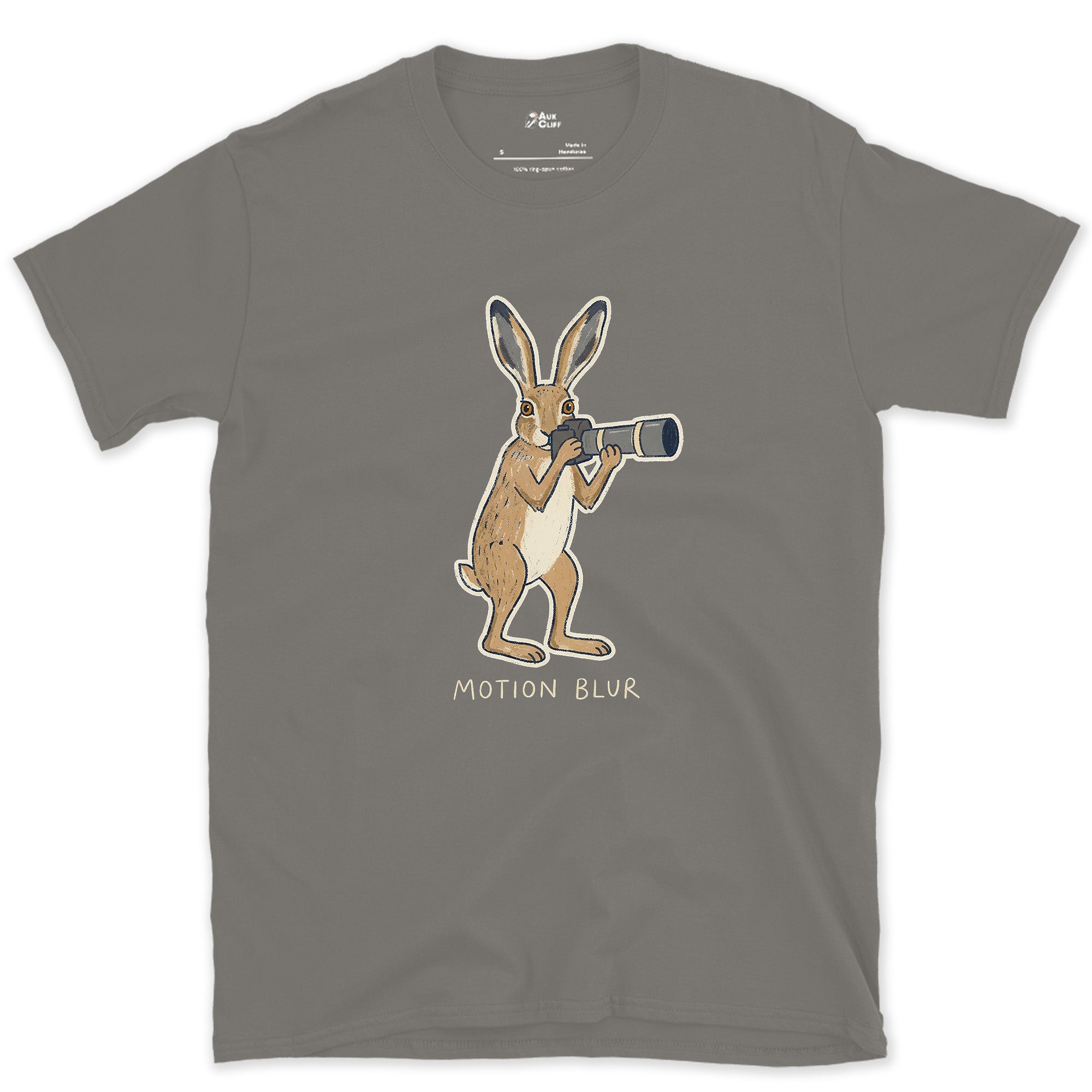 Motion Blur, Hare Faster Than the Shutter design on a Charcoal Gildan Softstyle t-shirt
