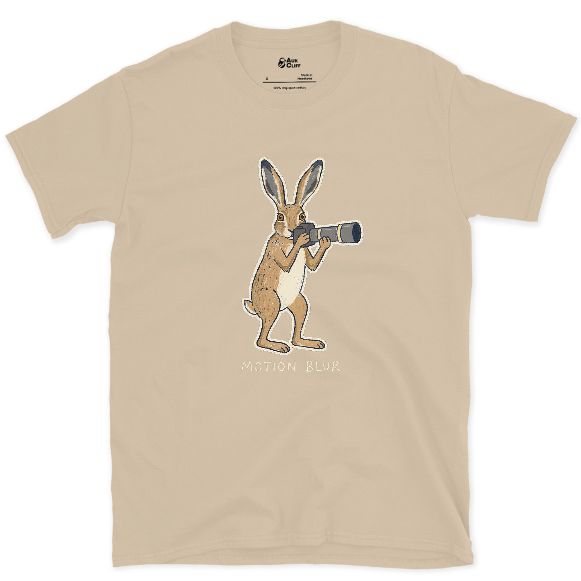 Motion Blur, Hare Faster Than the Shutter design on a Sand Gildan Softstyle t-shirt