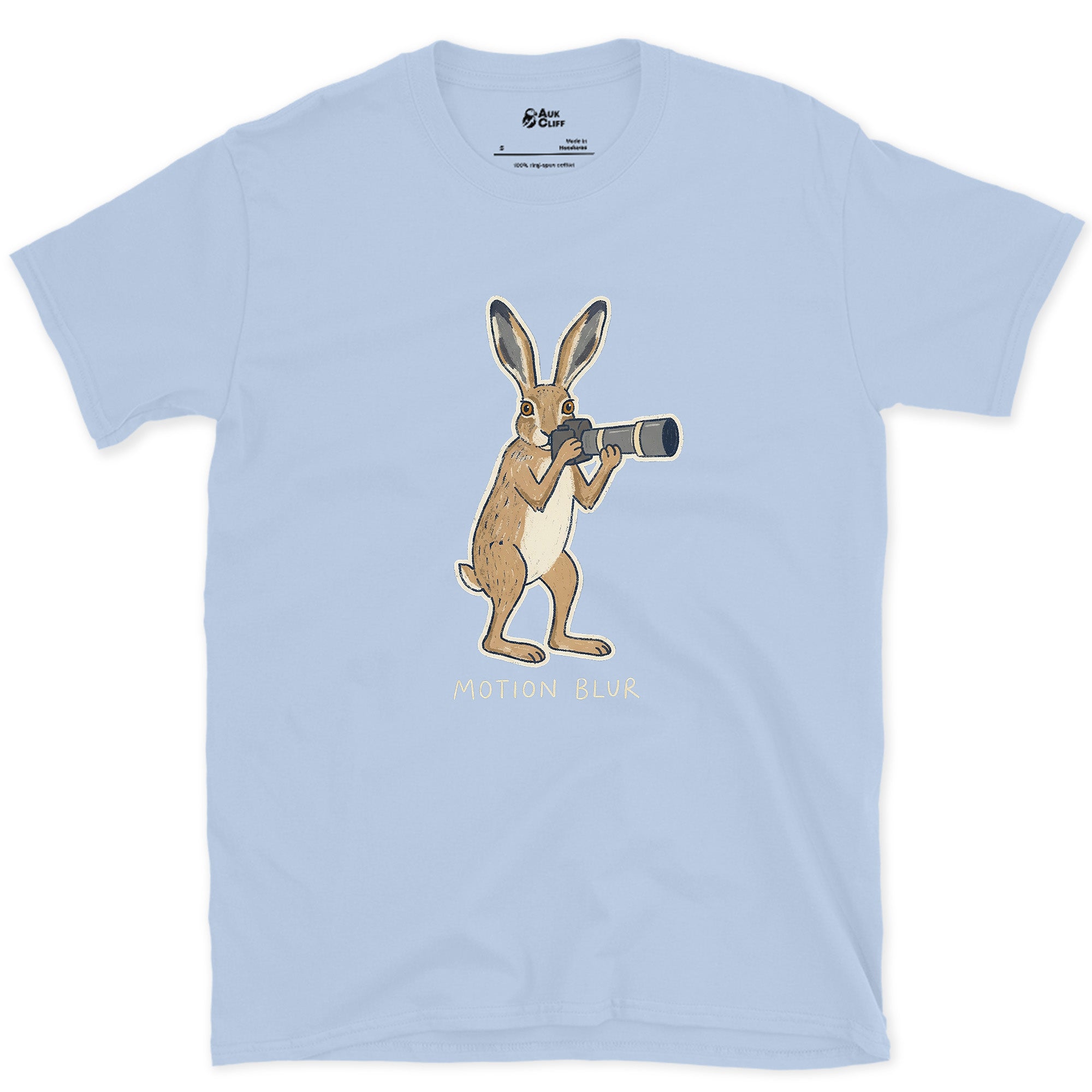 Motion Blur, Hare Faster Than the Shutter design on a Light Blue Gildan Softstyle t-shirt