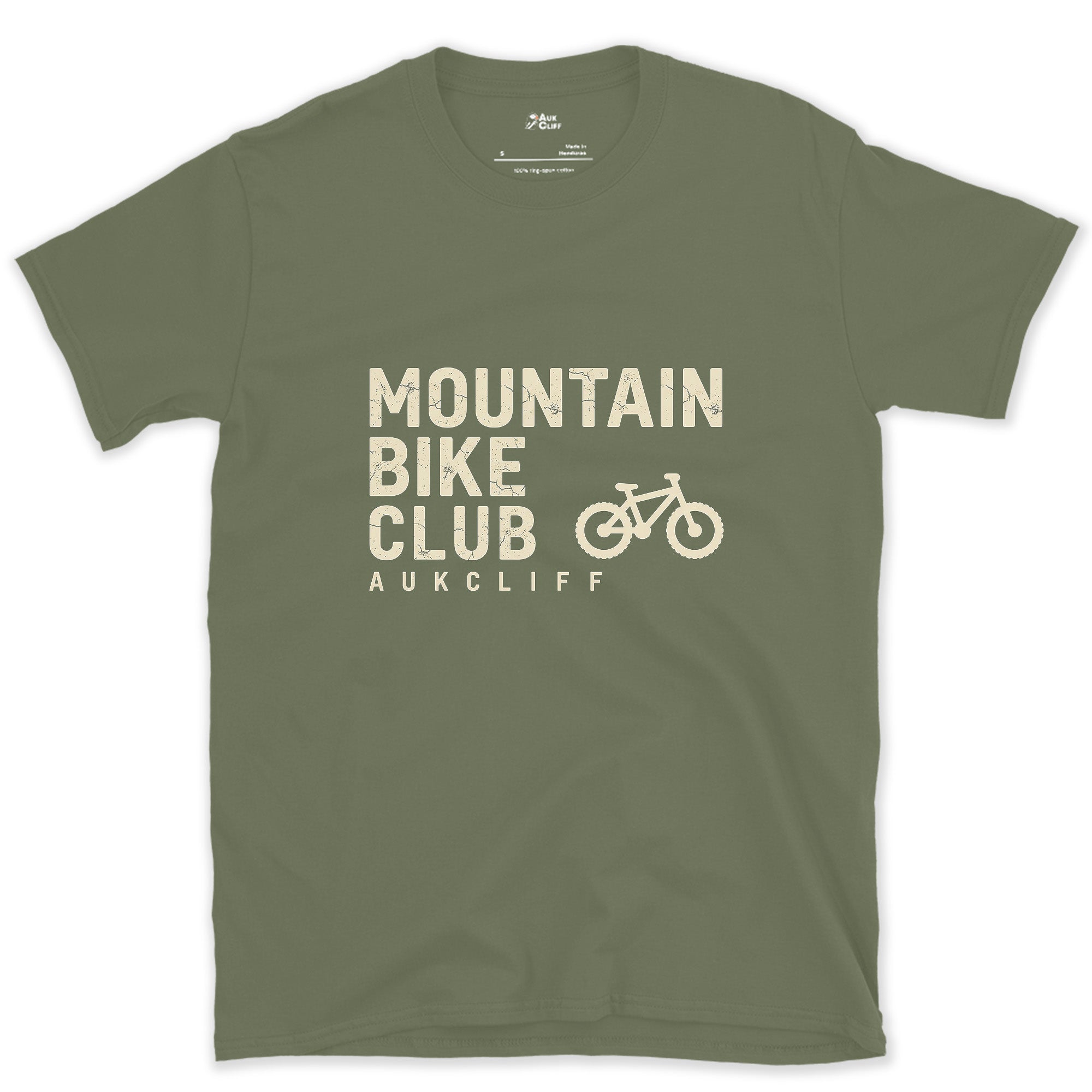 Mountain Bike Club Rides Over Driving design on a Military Green Gildan Softstyle t-shirt