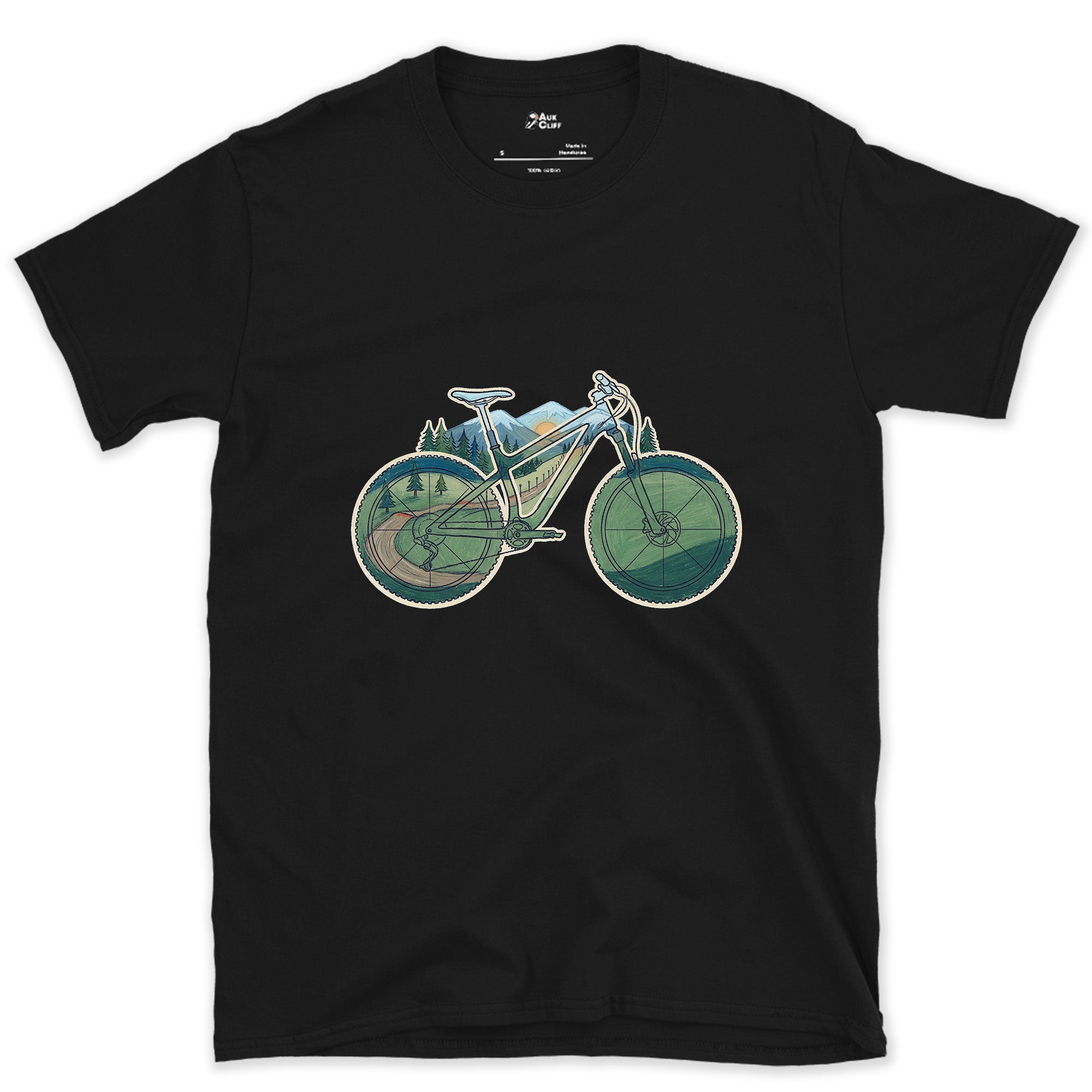 Wheels and Bars Doubling as the View, Trail Bike design on a Black Gildan Softstyle t-shirt
