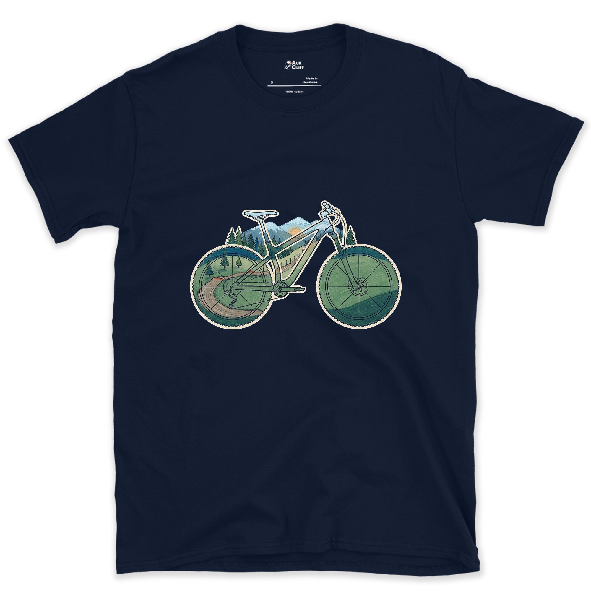 Wheels and Bars Doubling as the View, Trail Bike design on a Navy Gildan Softstyle t-shirt