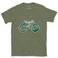 Wheels and Bars Doubling as the View, Trail Bike design on a Military Green Gildan Softstyle t-shirt