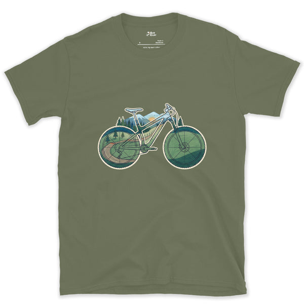 Wheels and Bars Doubling as the View, Trail Bike design on a Military Green Gildan Softstyle t-shirt