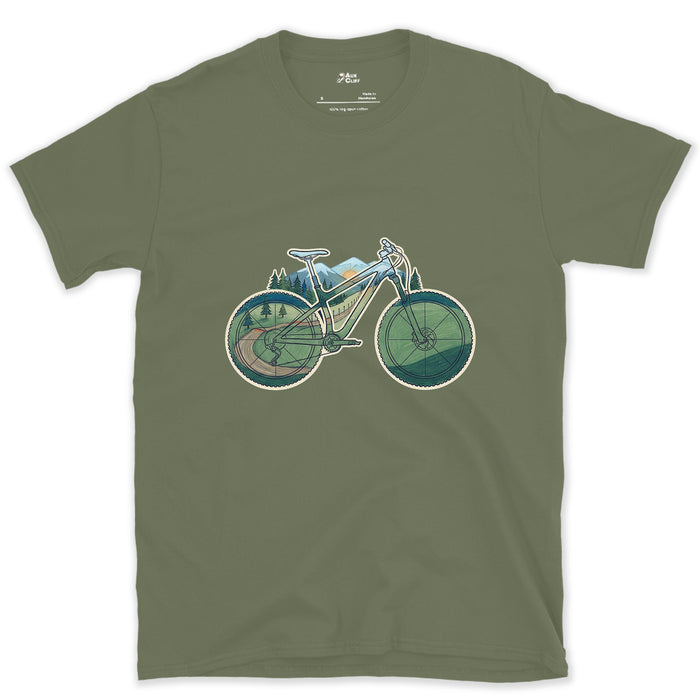 Wheels and Bars Doubling as the View, Trail Bike design on a Military Green Gildan Softstyle t-shirt