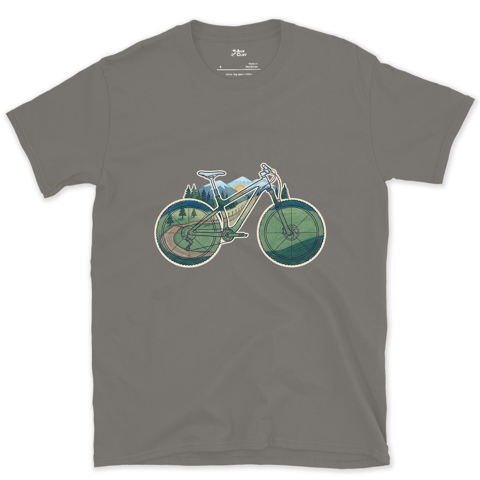 Wheels and Bars Doubling as the View, Trail Bike design on a Charcoal Gildan Softstyle t-shirt