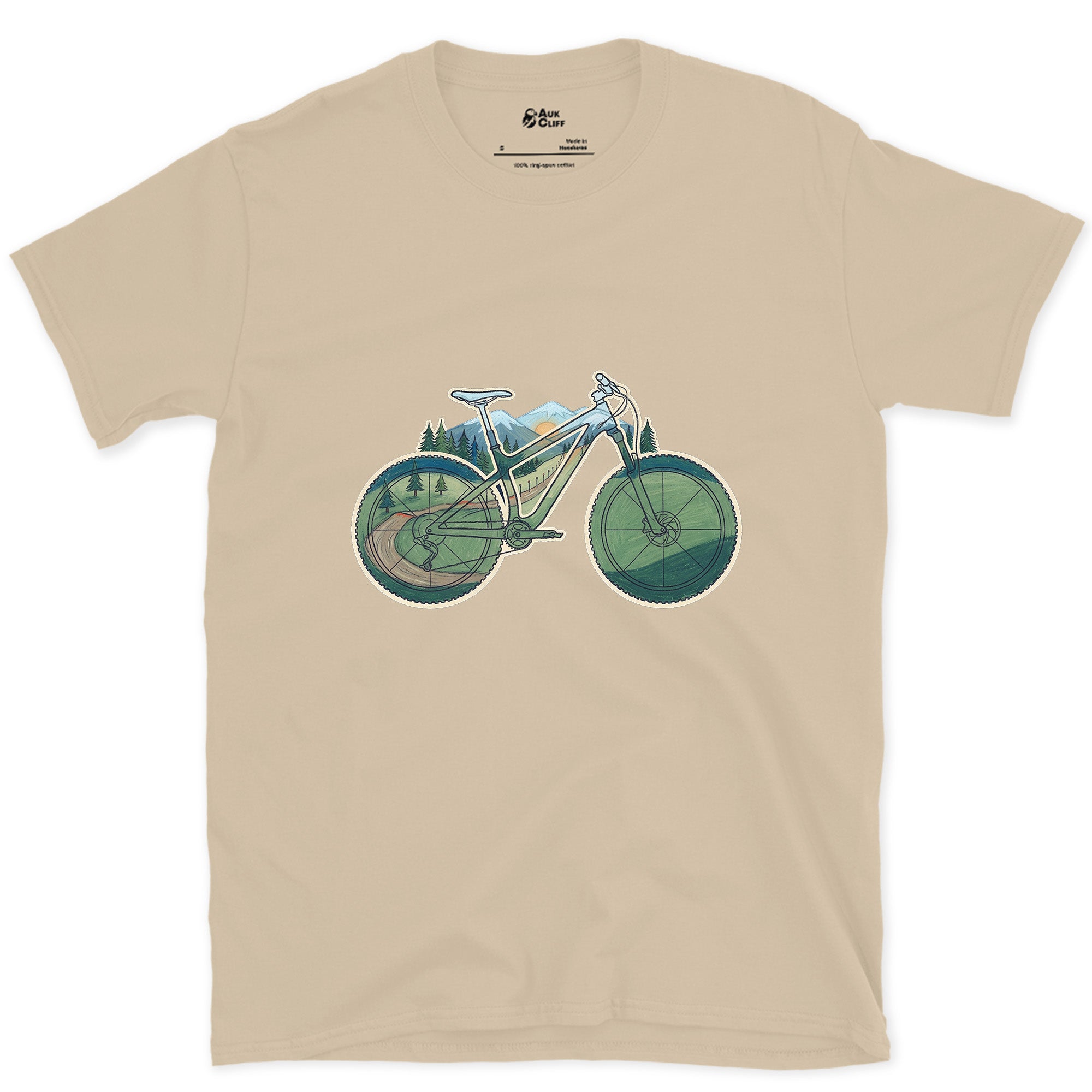 Wheels and Bars Doubling as the View, Trail Bike design on a Sand Gildan Softstyle t-shirt