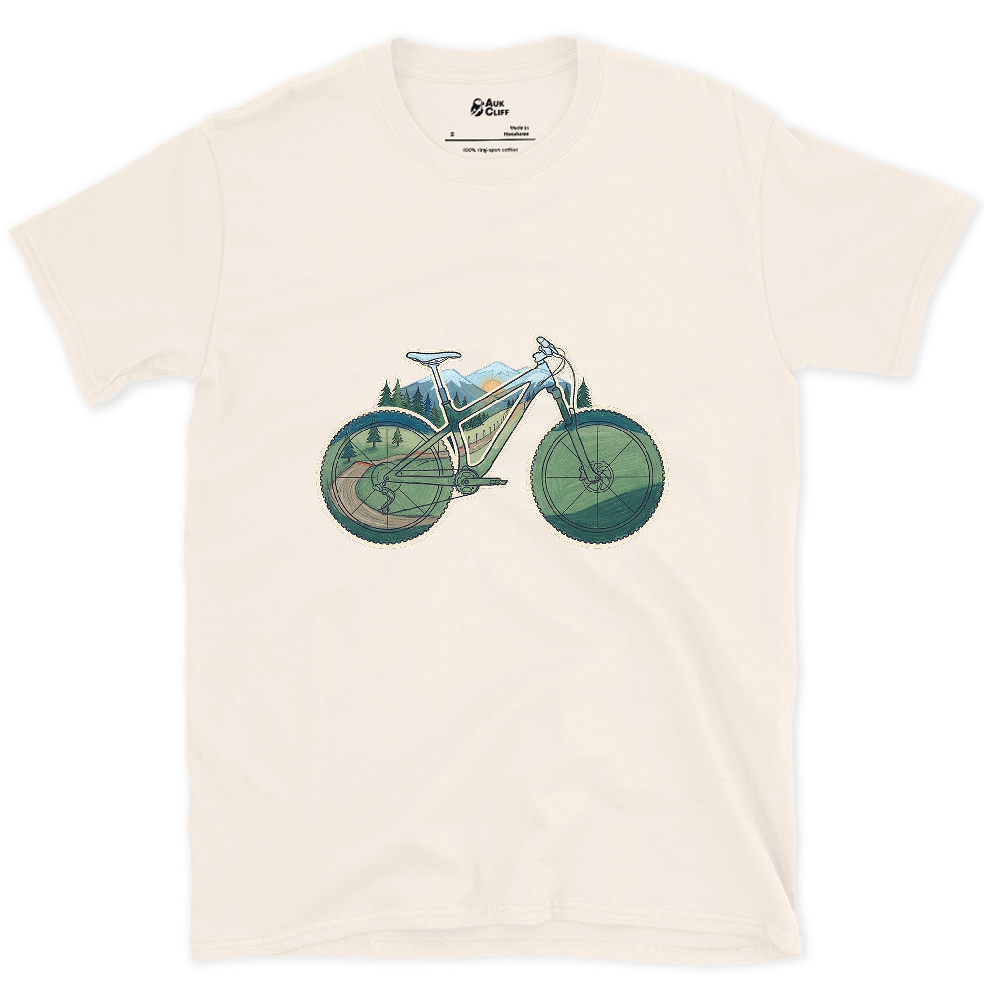 Wheels and Bars Doubling as the View, Trail Bike design on a Natural Gildan Softstyle t-shirt
