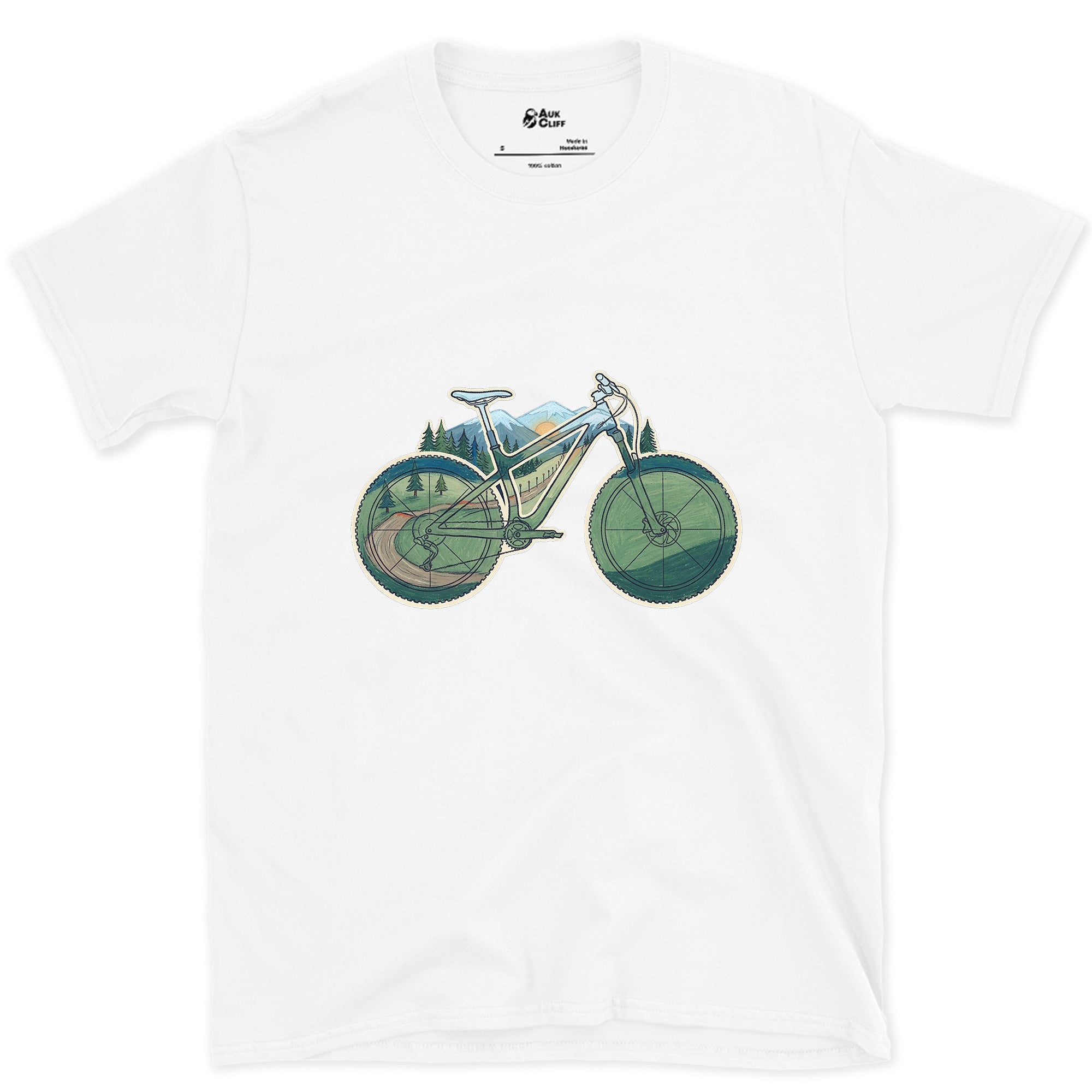 Wheels and Bars Doubling as the View, Trail Bike design on a White Gildan Softstyle t-shirt