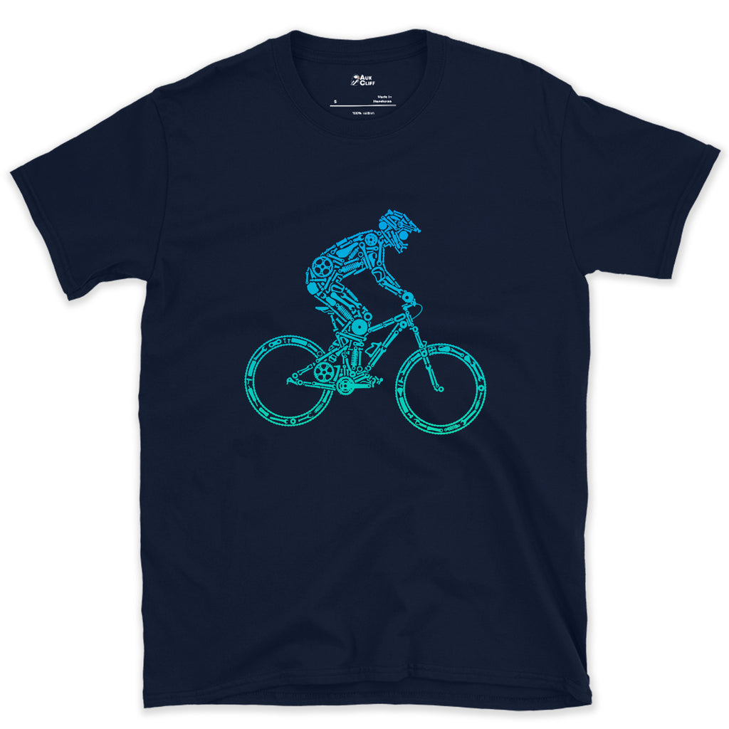 Minimal Enough to Read at Speed, Downhill Rider design on a Navy Gildan Softstyle t-shirt
