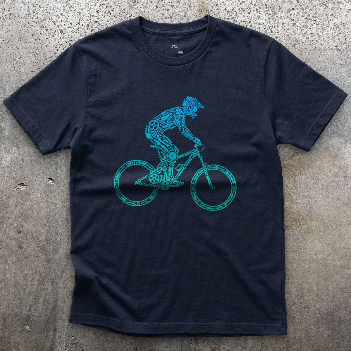 Minimal Enough to Read at Speed, Downhill Rider design on a Navy Gildan Softstyle t-shirt
