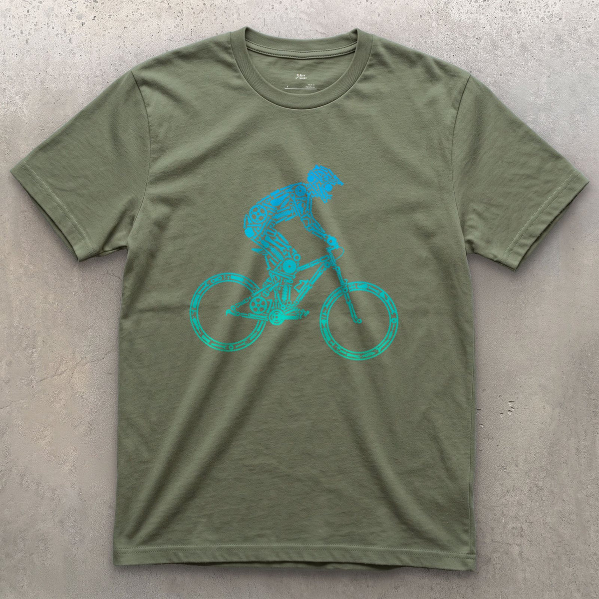Minimal Enough to Read at Speed, Downhill Rider design on a Military Green Gildan Softstyle t-shirt