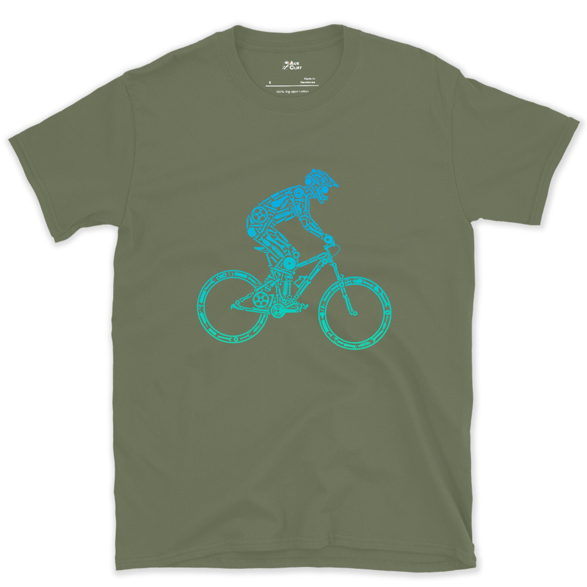 Minimal Enough to Read at Speed, Downhill Rider design on a Military Green Gildan Softstyle t-shirt