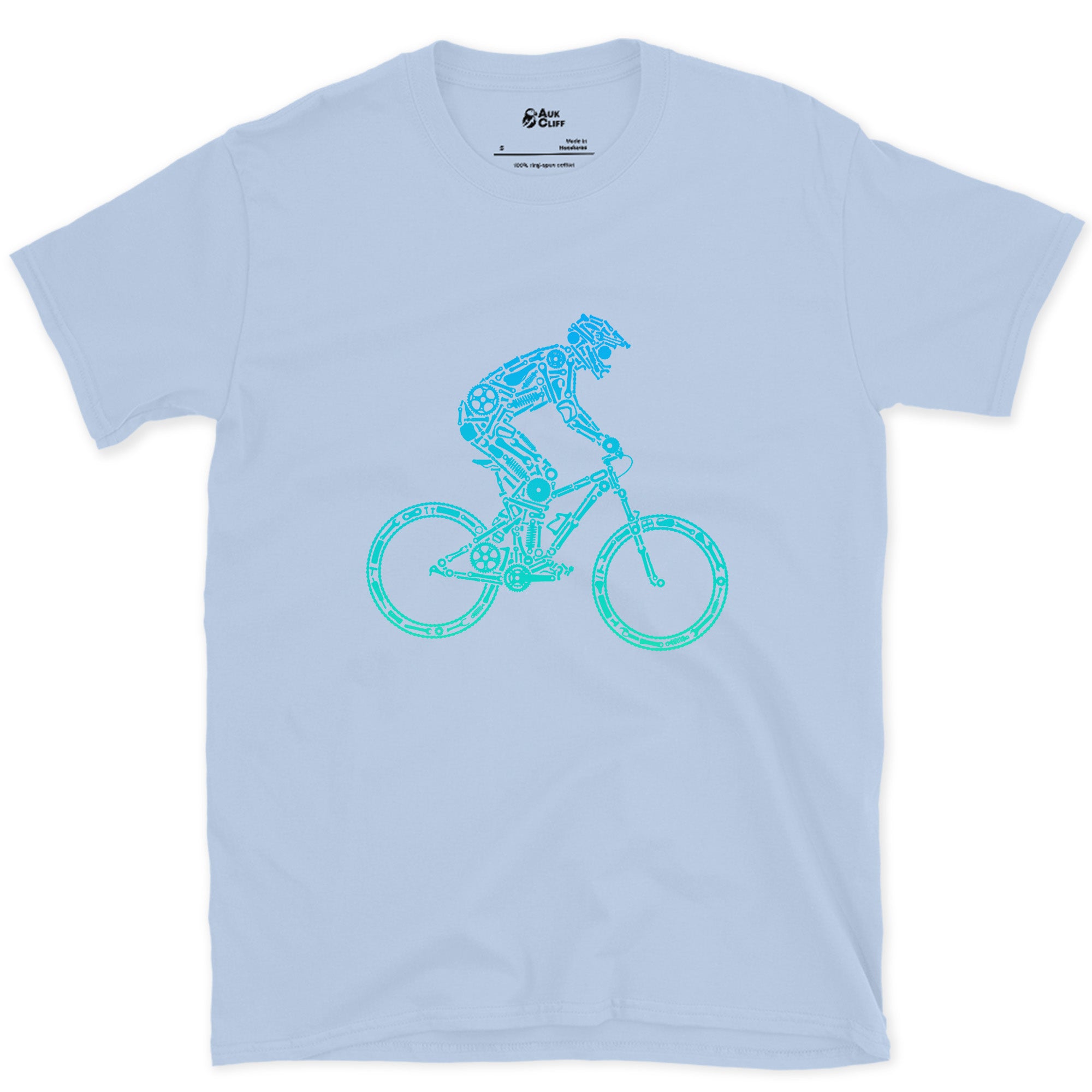 Minimal Enough to Read at Speed, Downhill Rider design on a Light Blue Gildan Softstyle t-shirt