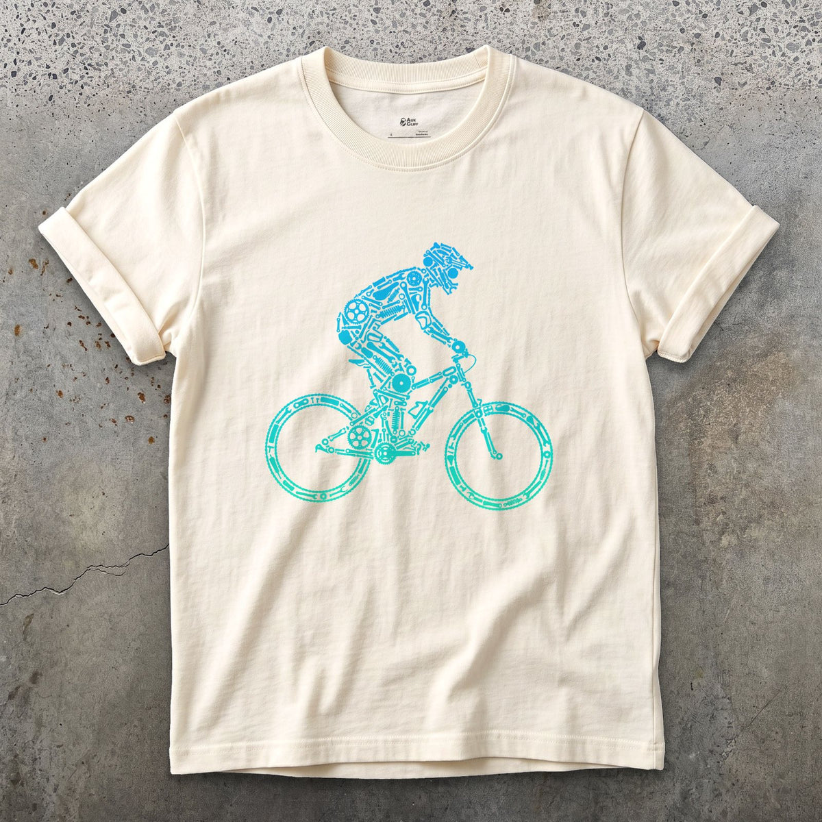 Minimal Enough to Read at Speed, Downhill Rider design on a Natural Gildan Softstyle t-shirt