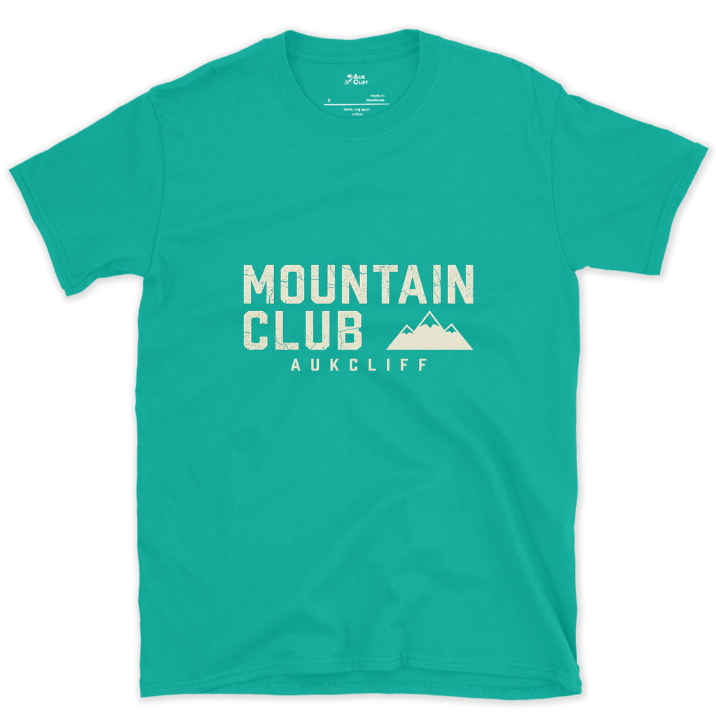 The Mountain Club Badge and Peak Icon design on a Jade Dome Gildan Softstyle t-shirt